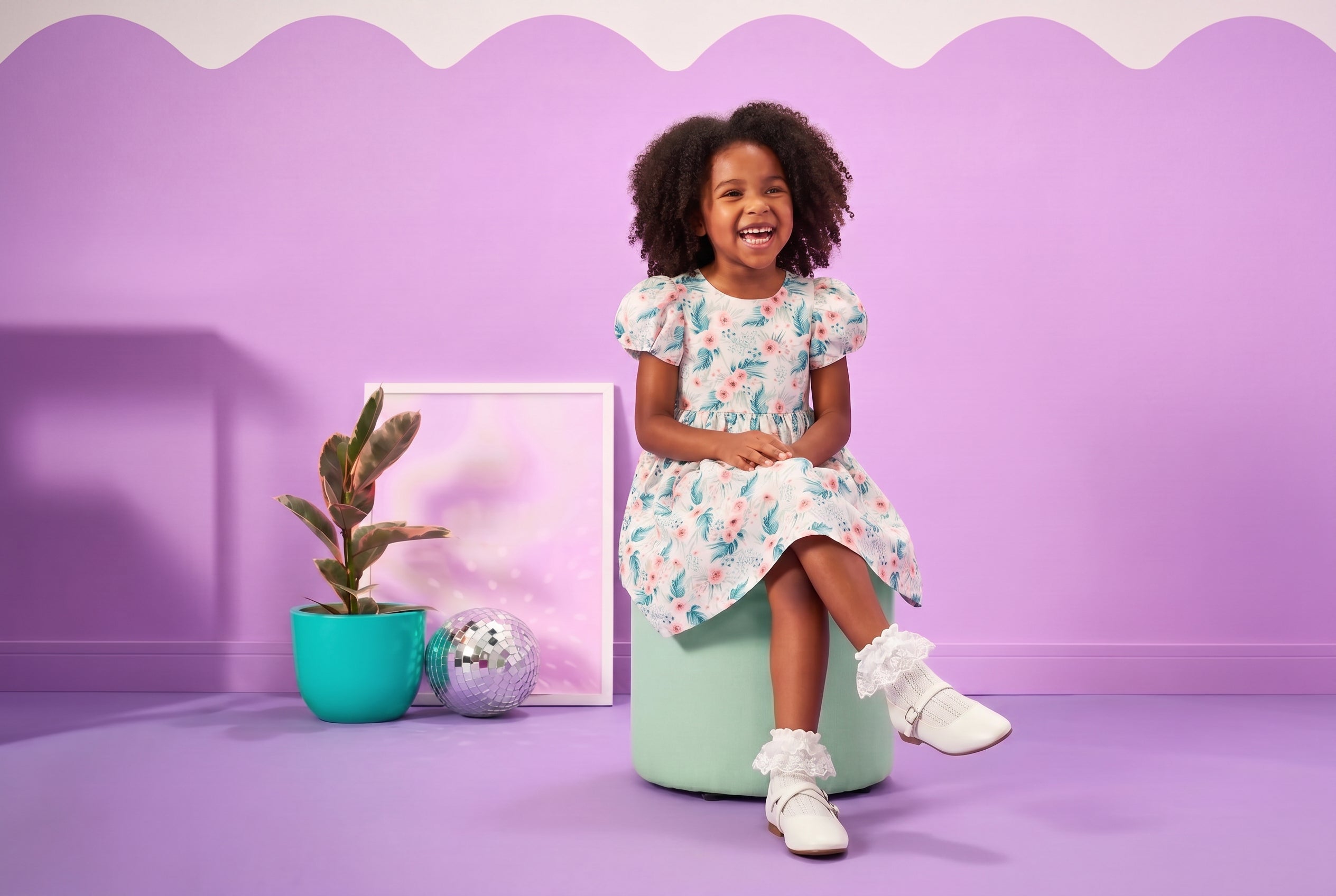 A little girl wearing white patent mary janes with frill socks.