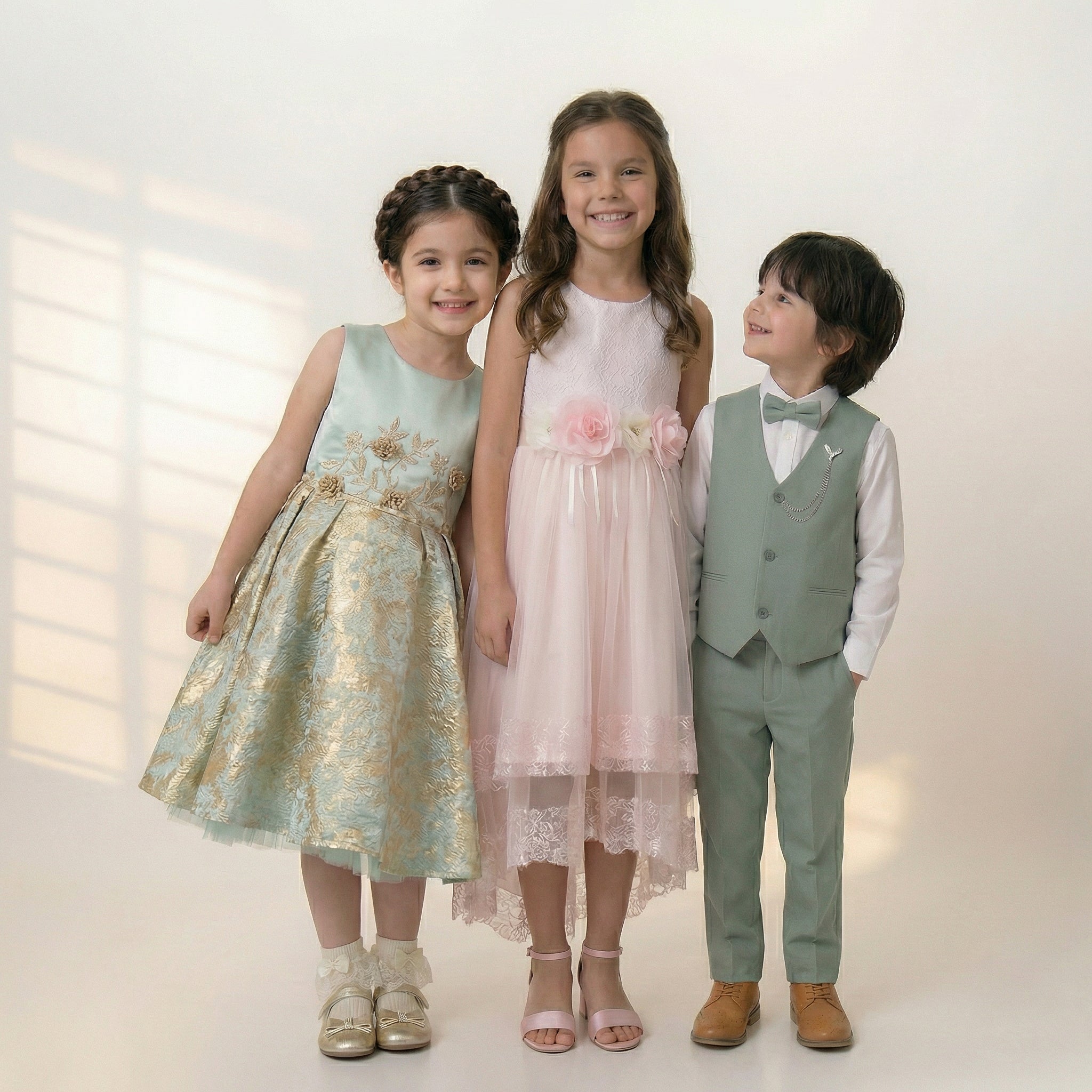 Two girls in pastel outfits pose against a colorful backdrop, highlighting trendy and comfy kids' Eid fashion for summer 2025.