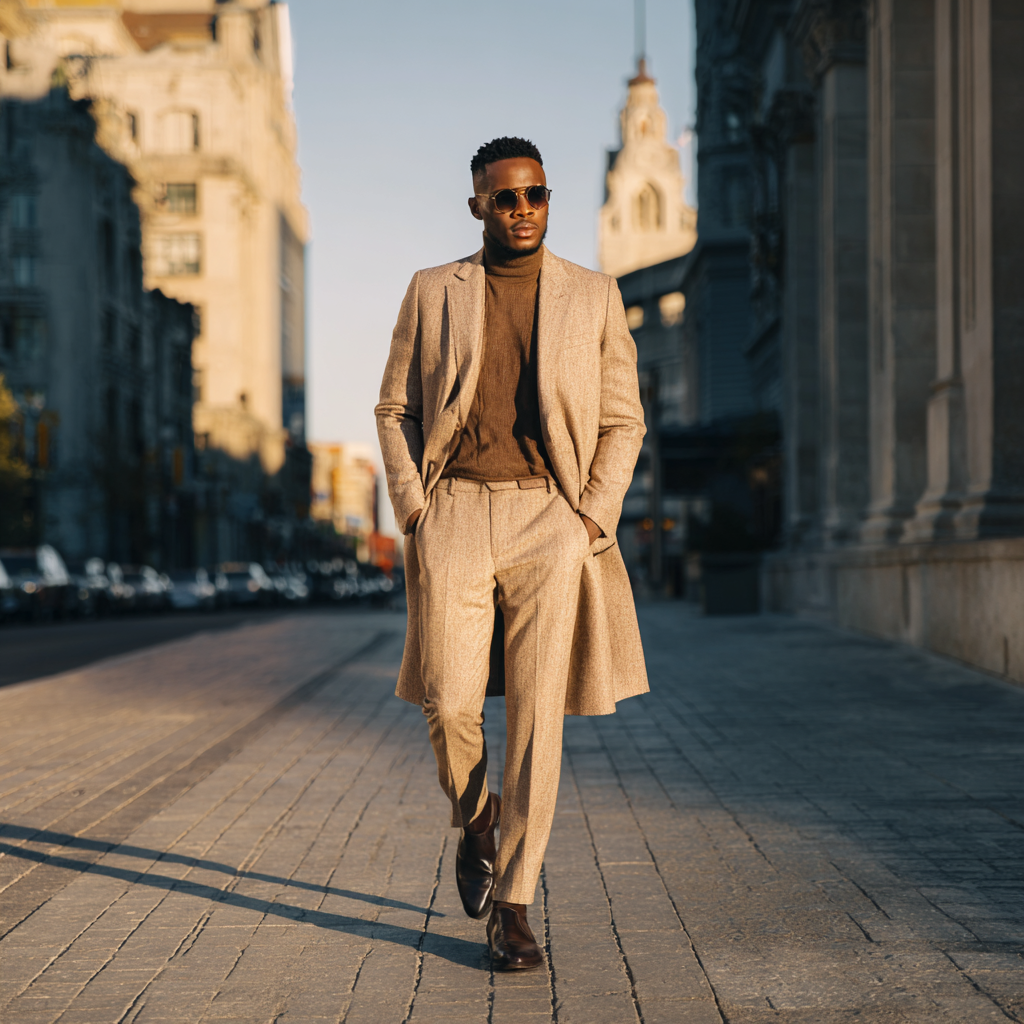 A stylish man in a layered autumn/winter formal outfit with brown rollneck and overcoat.
