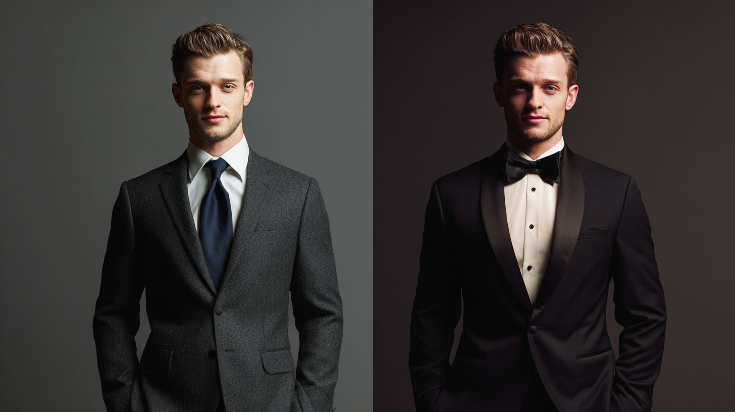 A man wearing a suit vs a tuxedo side by side