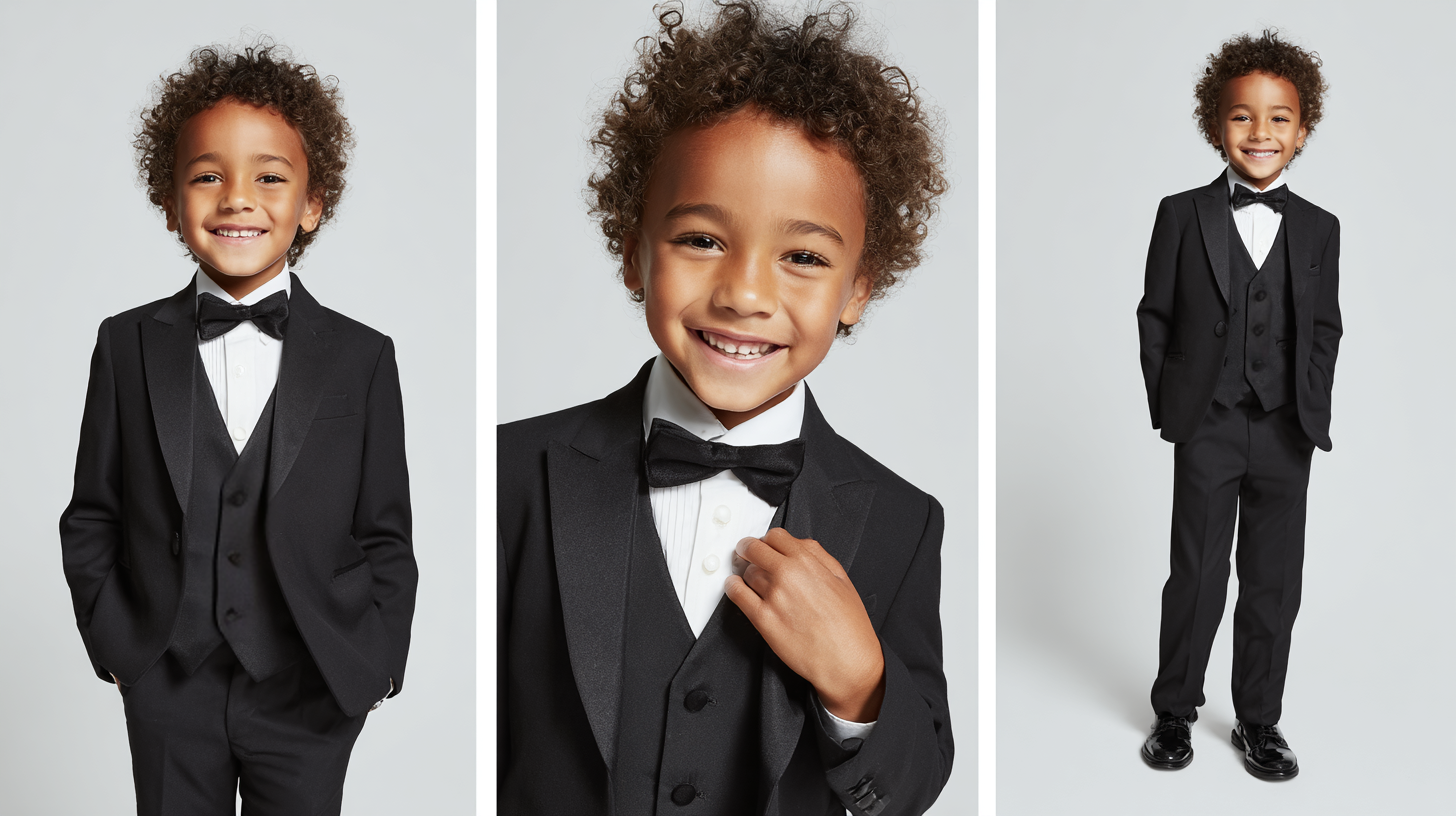 A boy wearing a christmas black tuxedo dinner suit to celebrate the festive season.