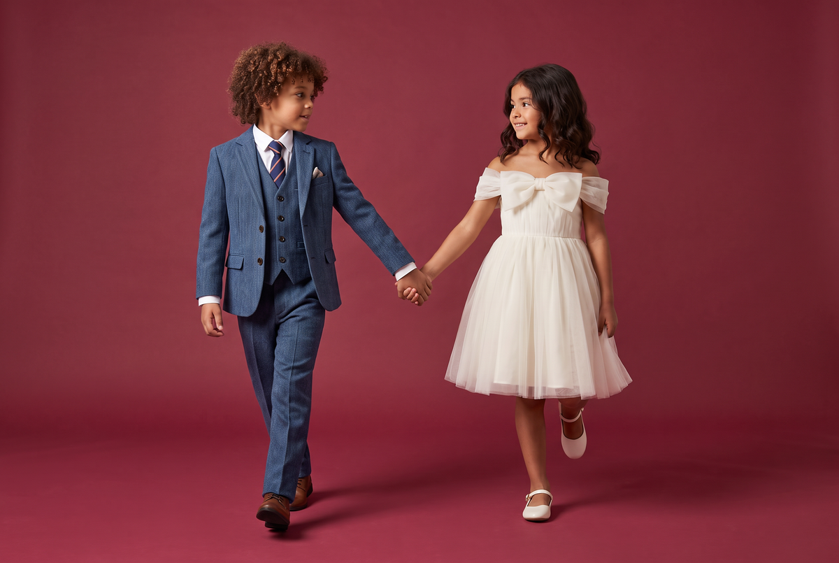 A boy and girl wearing formal outfits to a Christmas party