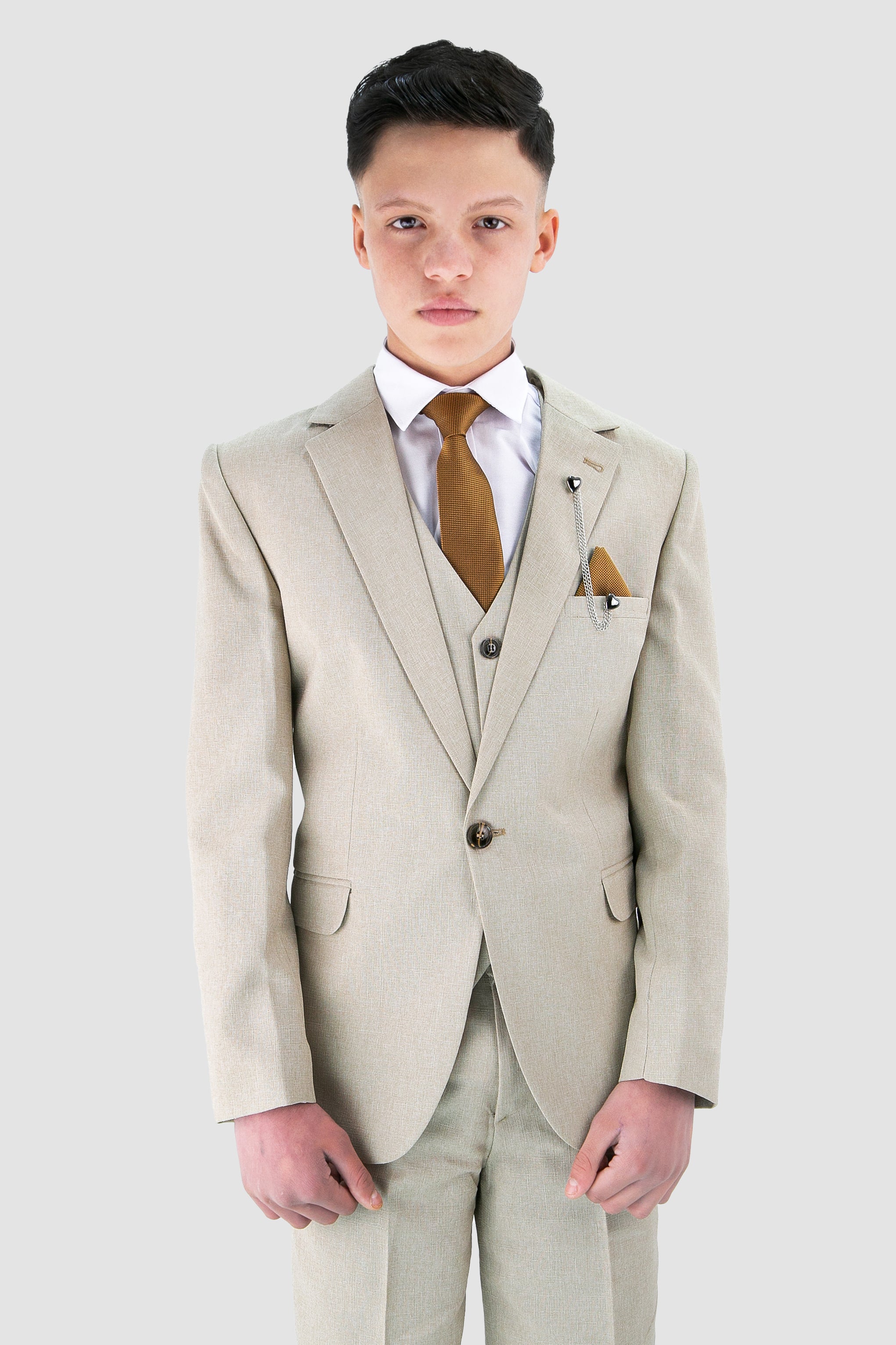 Jungen Slim Fit Strukturierter 6-teiliger Formalanzug-Set - Beige
