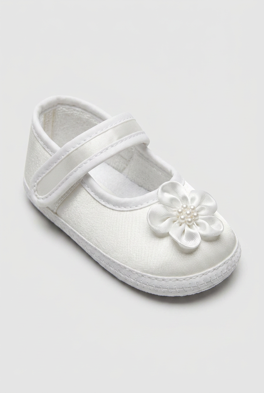 Baby Girls Satin Flower Pram Shoes - White