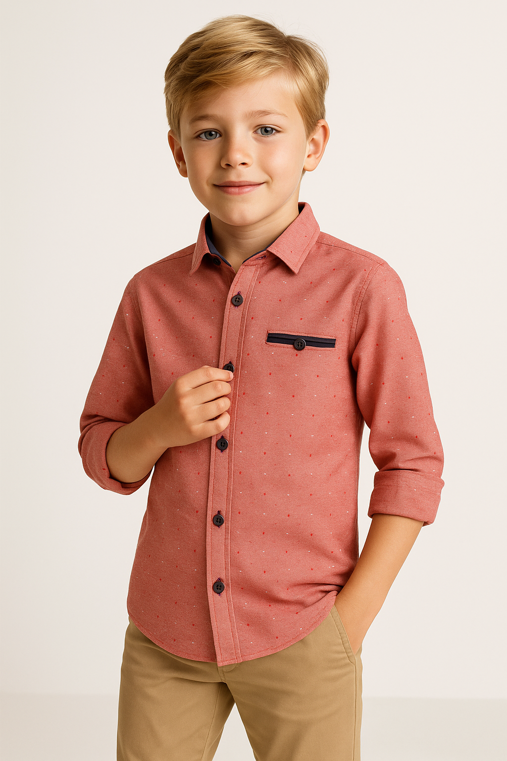 Boys Oxford Dotted Slim Fit Long Sleeve Shirt - Red