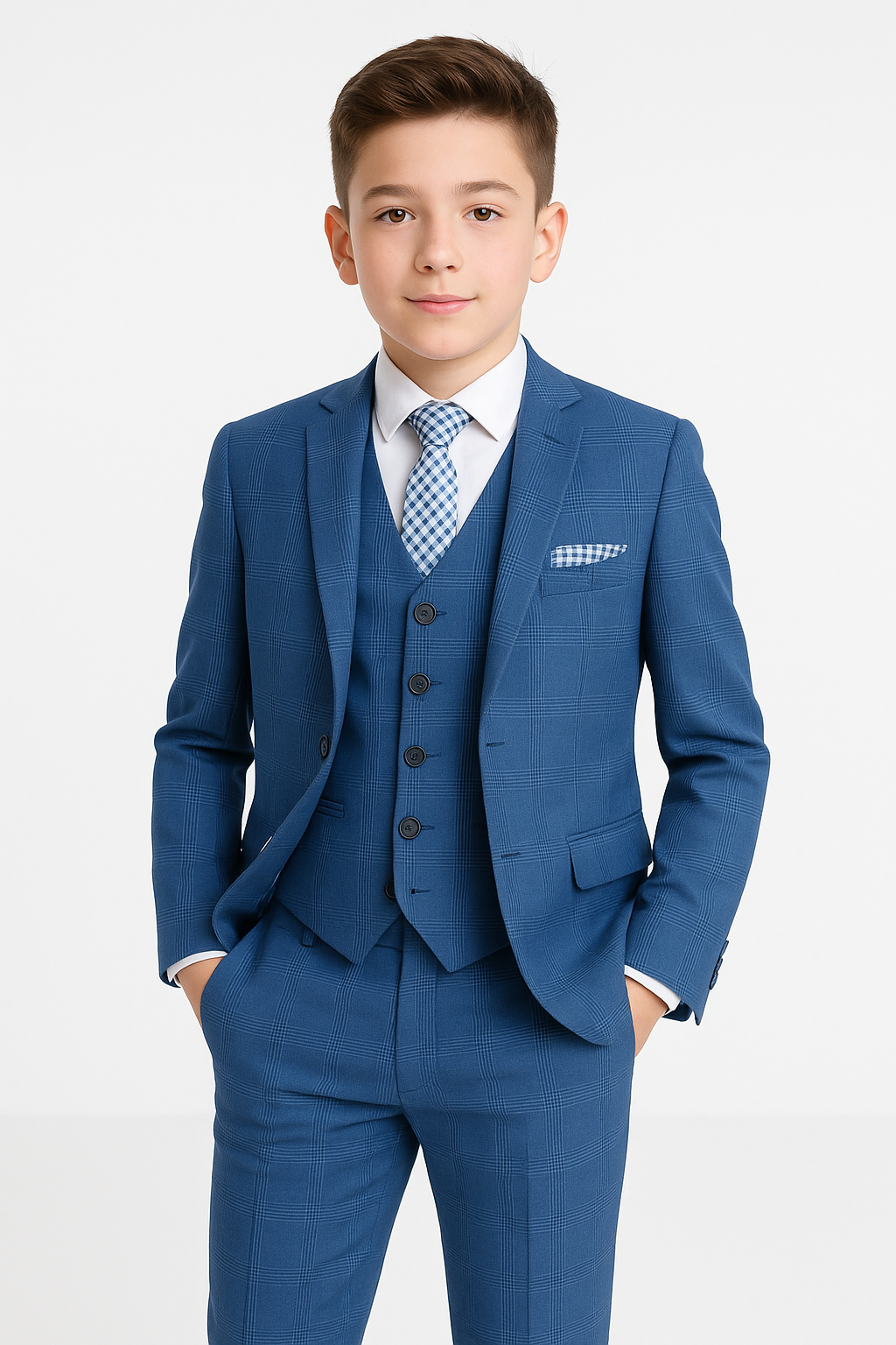 Jungen Windowpane Karo Tweed Maßgeschneiderter Anzug - Blau