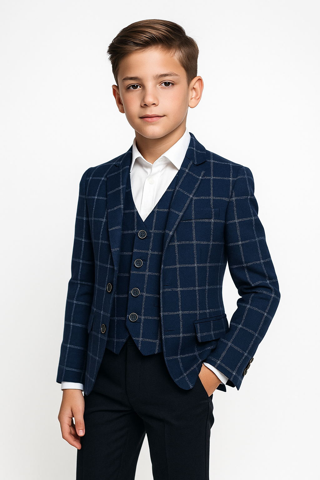 Ensemble blazer et gilet à carreaux bleu marine pour garçon – Costume formel 2 pièces
