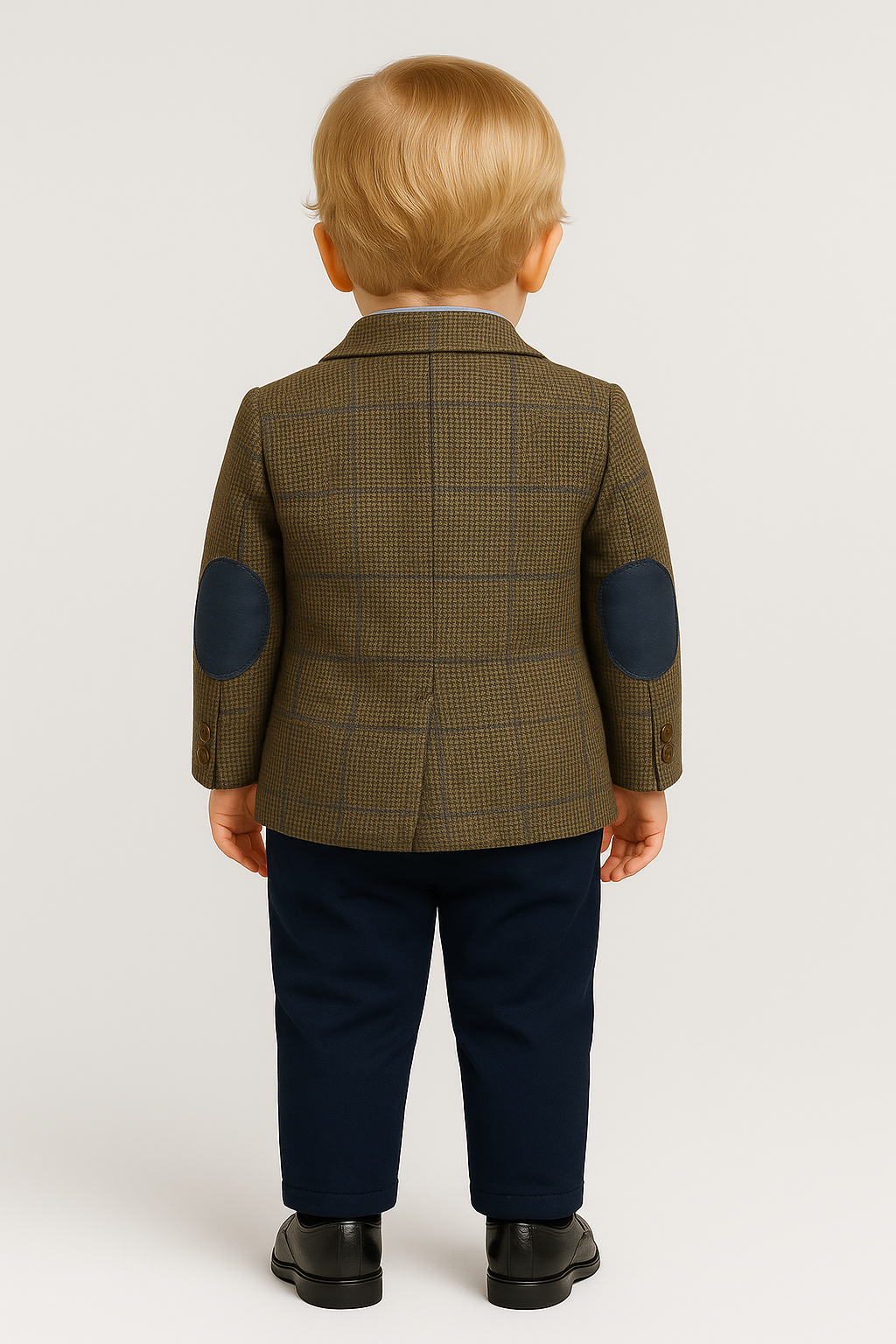 Boys Herringbone Windowpane Wool Suit - Brown - Navy Blue