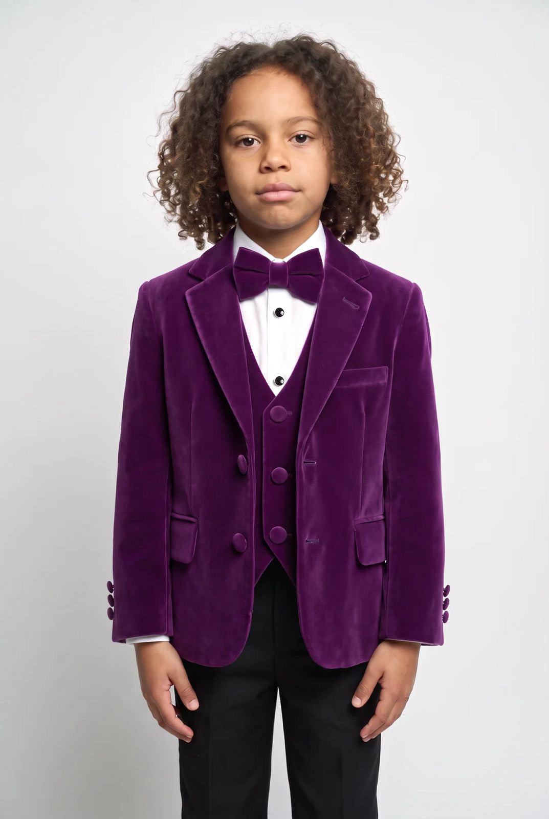 Boys Slim Fit Velvet Dinner Suit - 4-Piece & 5-Piece - SAVOY - Purple model picture