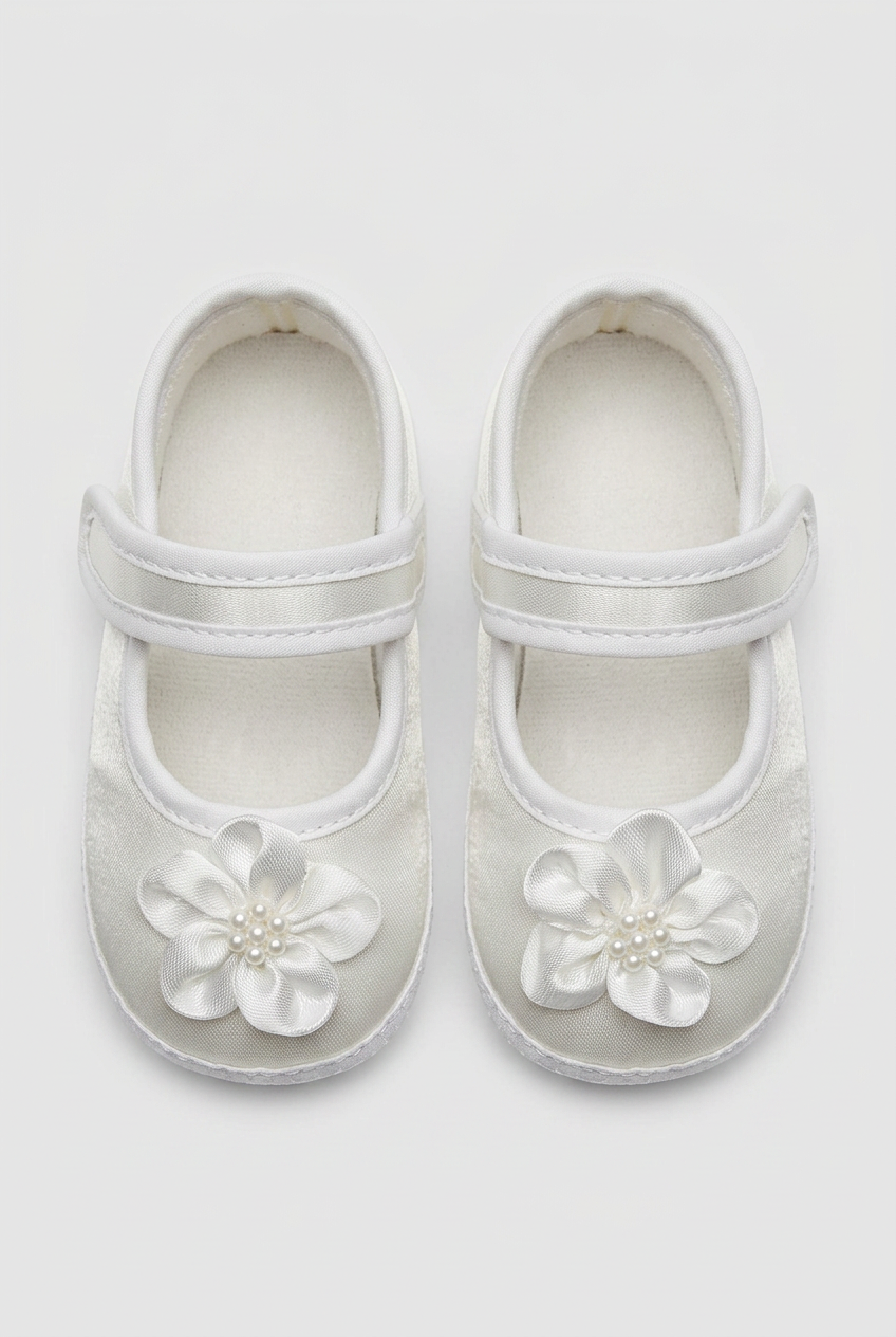 Baby Girls Satin Flower Pram Shoes - White