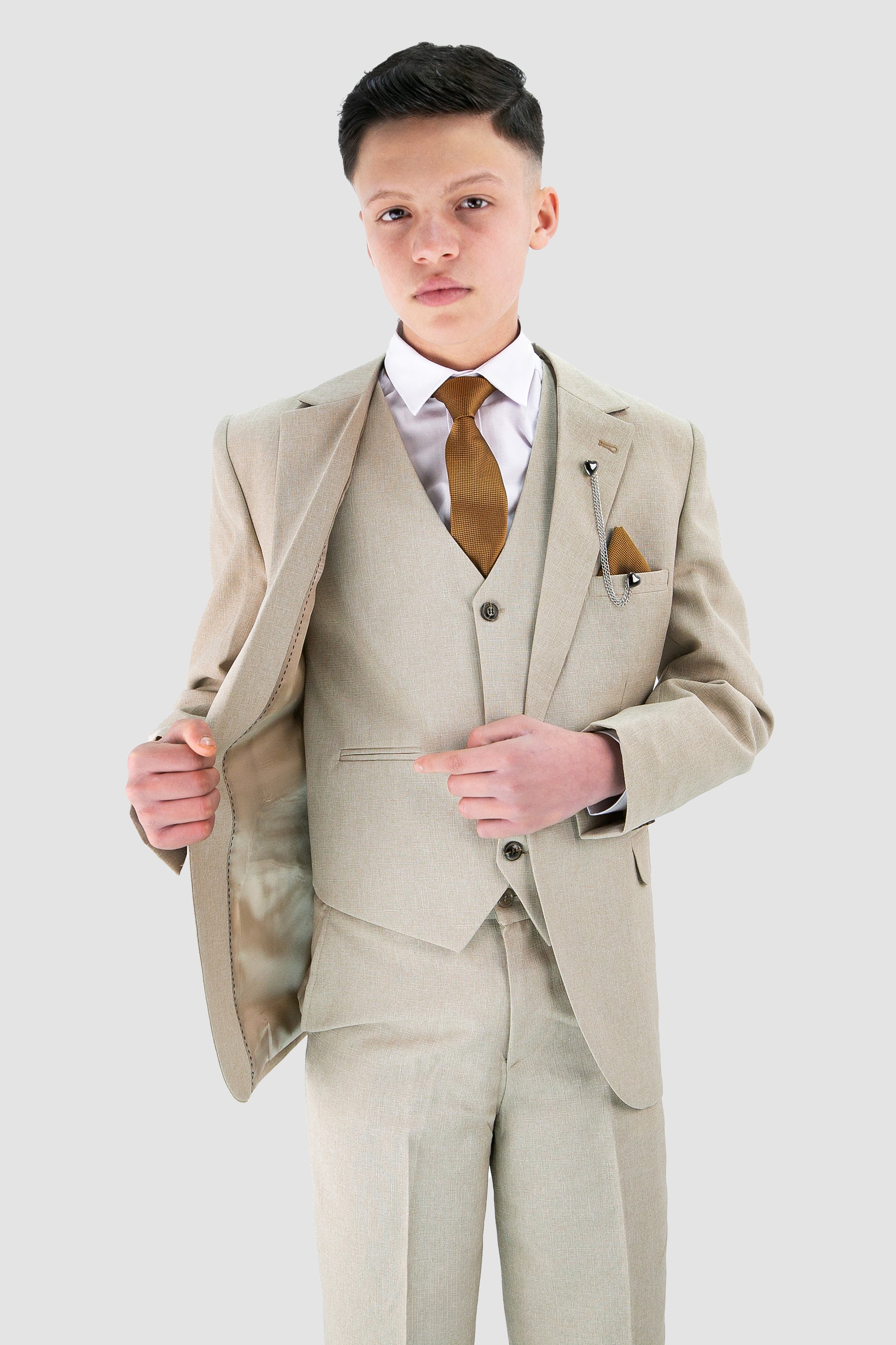 Jungen Slim Fit Strukturierter 6-teiliger Formalanzug-Set - Beige