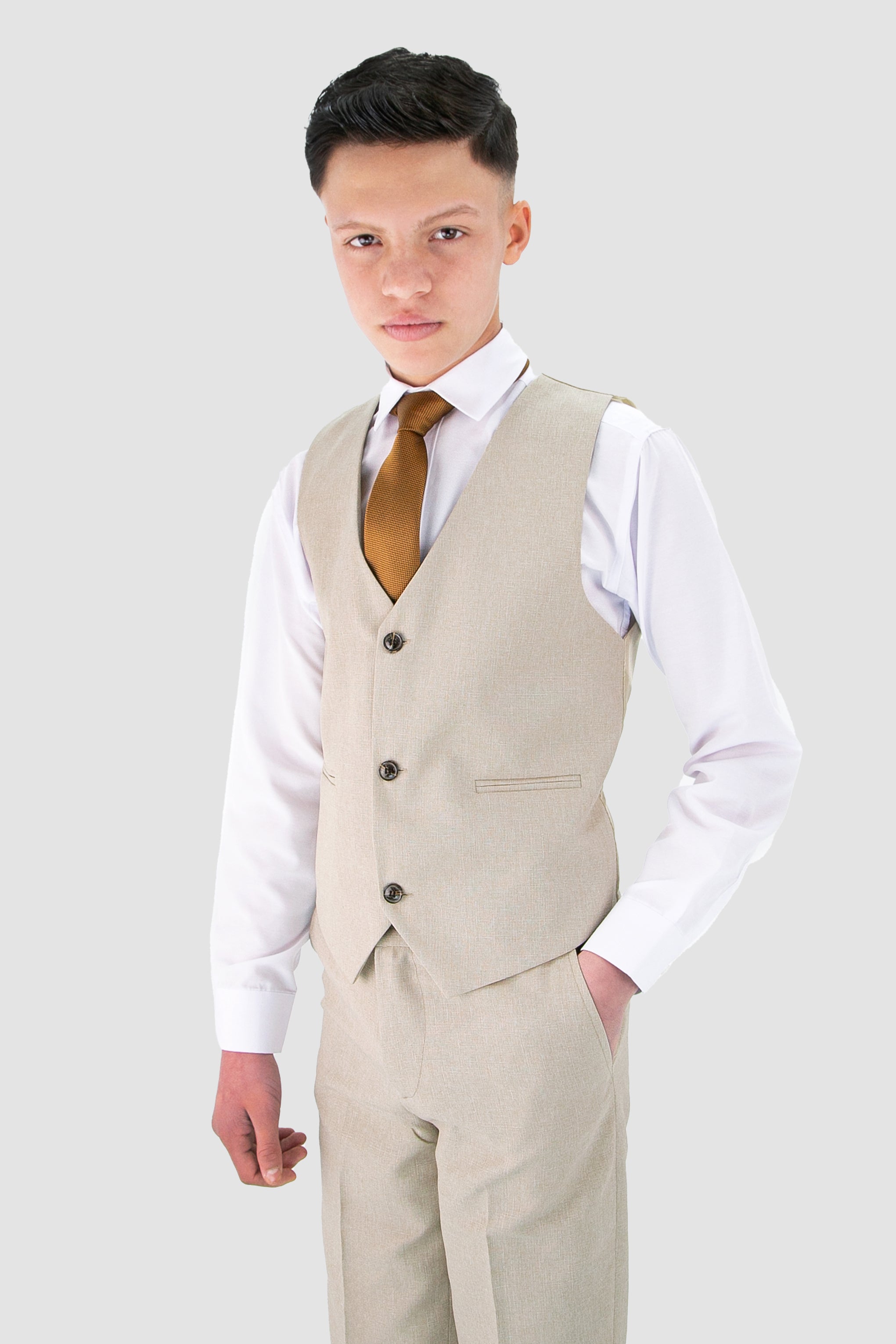 Jungen Slim Fit Strukturierter 6-teiliger Formalanzug-Set - Beige
