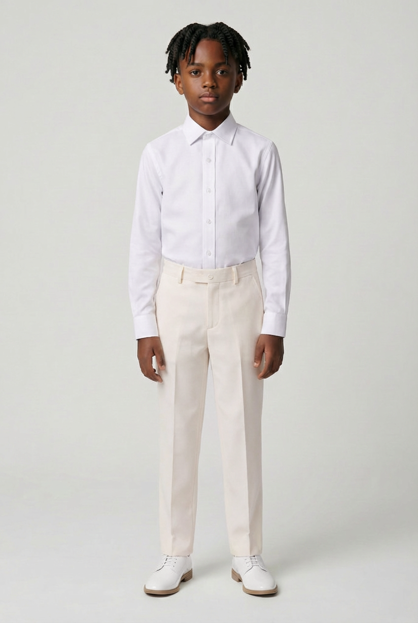 Erkek Çocuk İnce Kesim Ayarlanabilir Bel Kemerli Resmi Pantolon - Fildişi