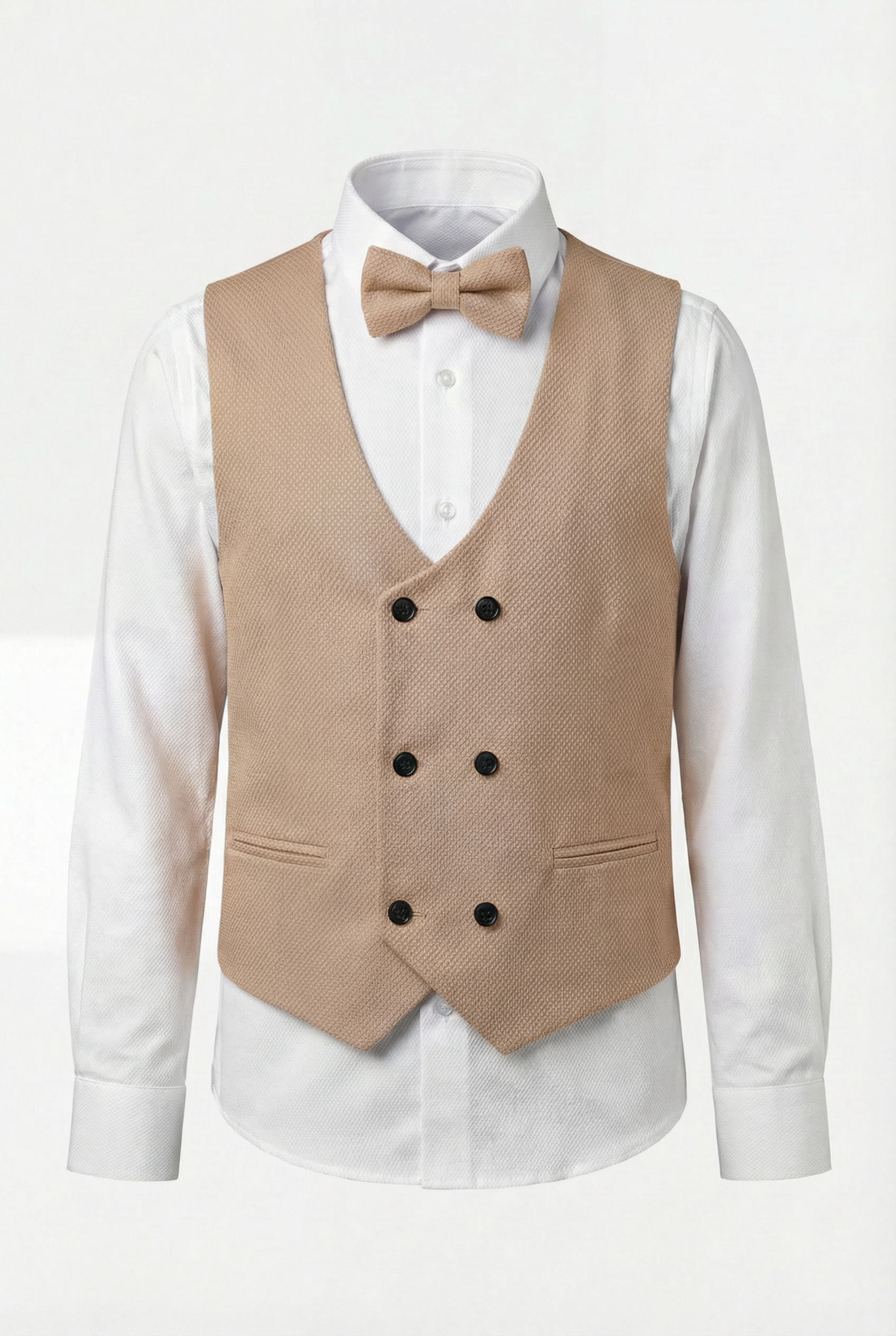 Traje de 5 piezas para niños con tejido texturizado y chaleco cruzado - Canela