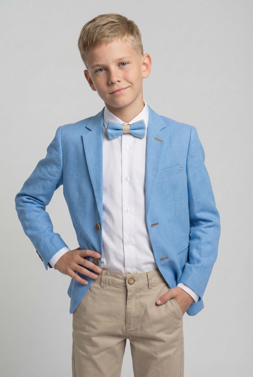 Bebekler ve Erkek Çocuklar Keten-Pamuk 4 Parça Takım - Calvin - Mavi