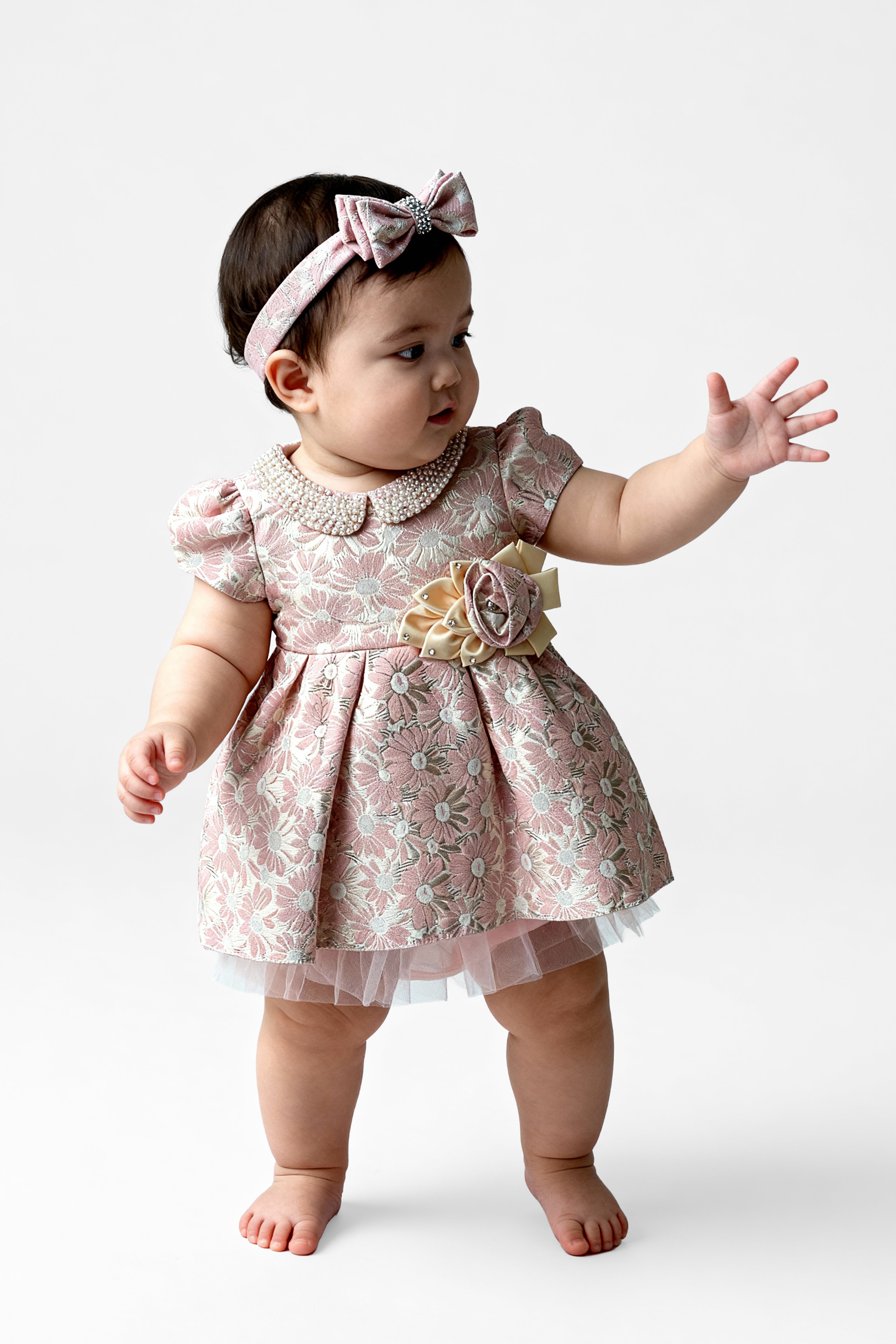Babies Floral Brocade Dress with Peter Pan Collar - Pink Model Picture