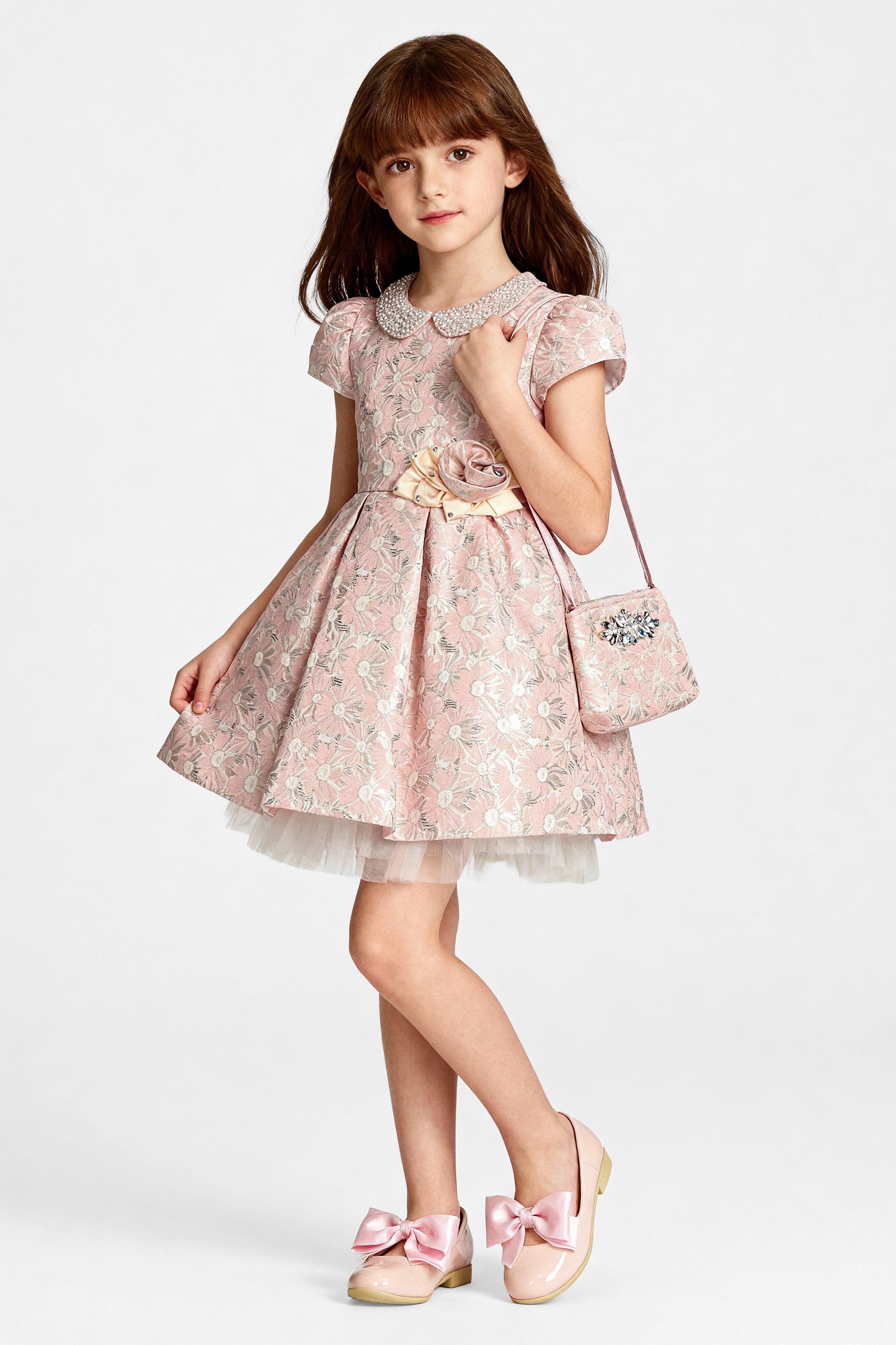 Girls Floral Brocade Dress with Peter Pan Collar - Pink