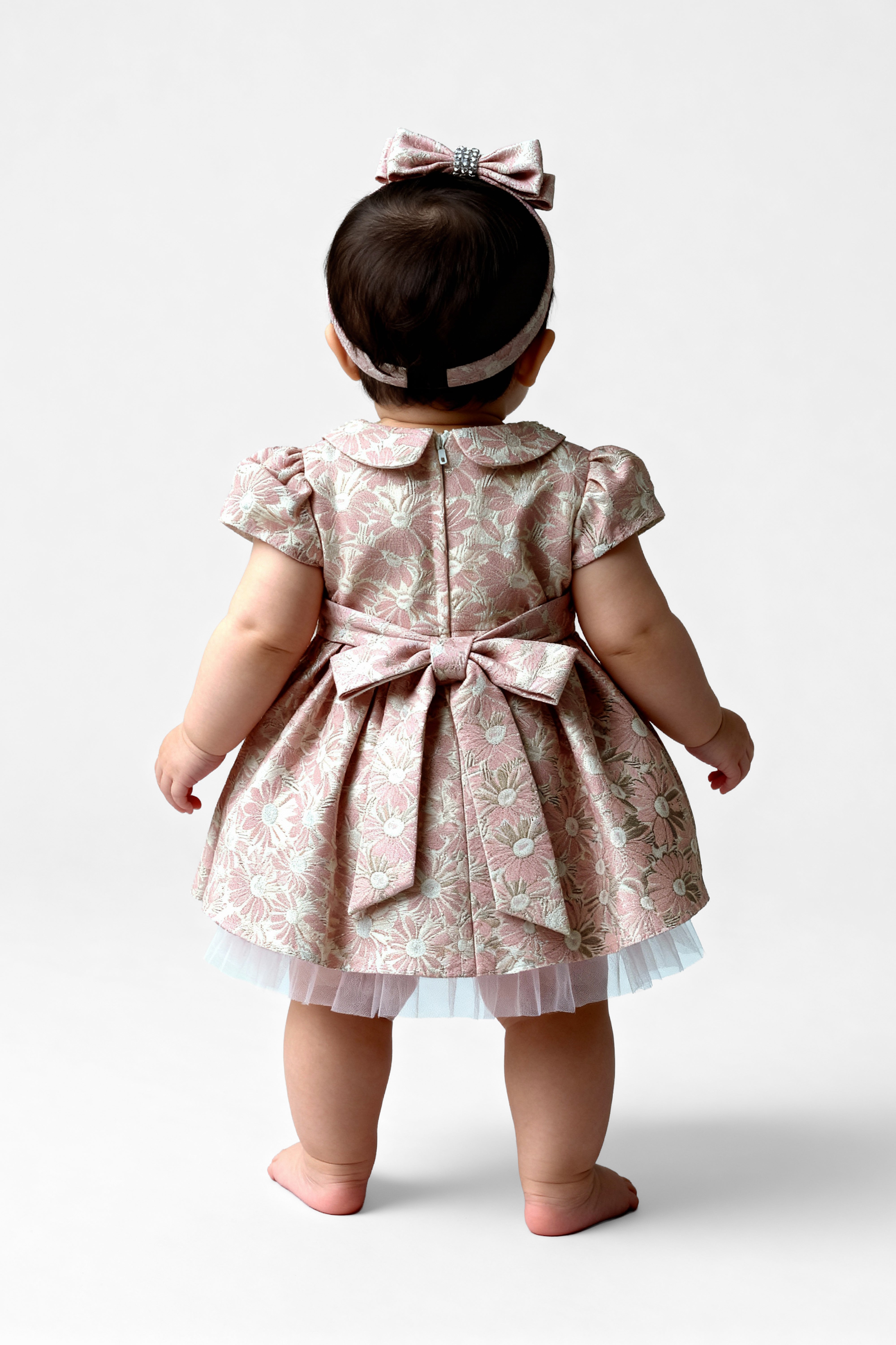 Babies Floral Brocade Dress with Peter Pan Collar - Pink Back Picture