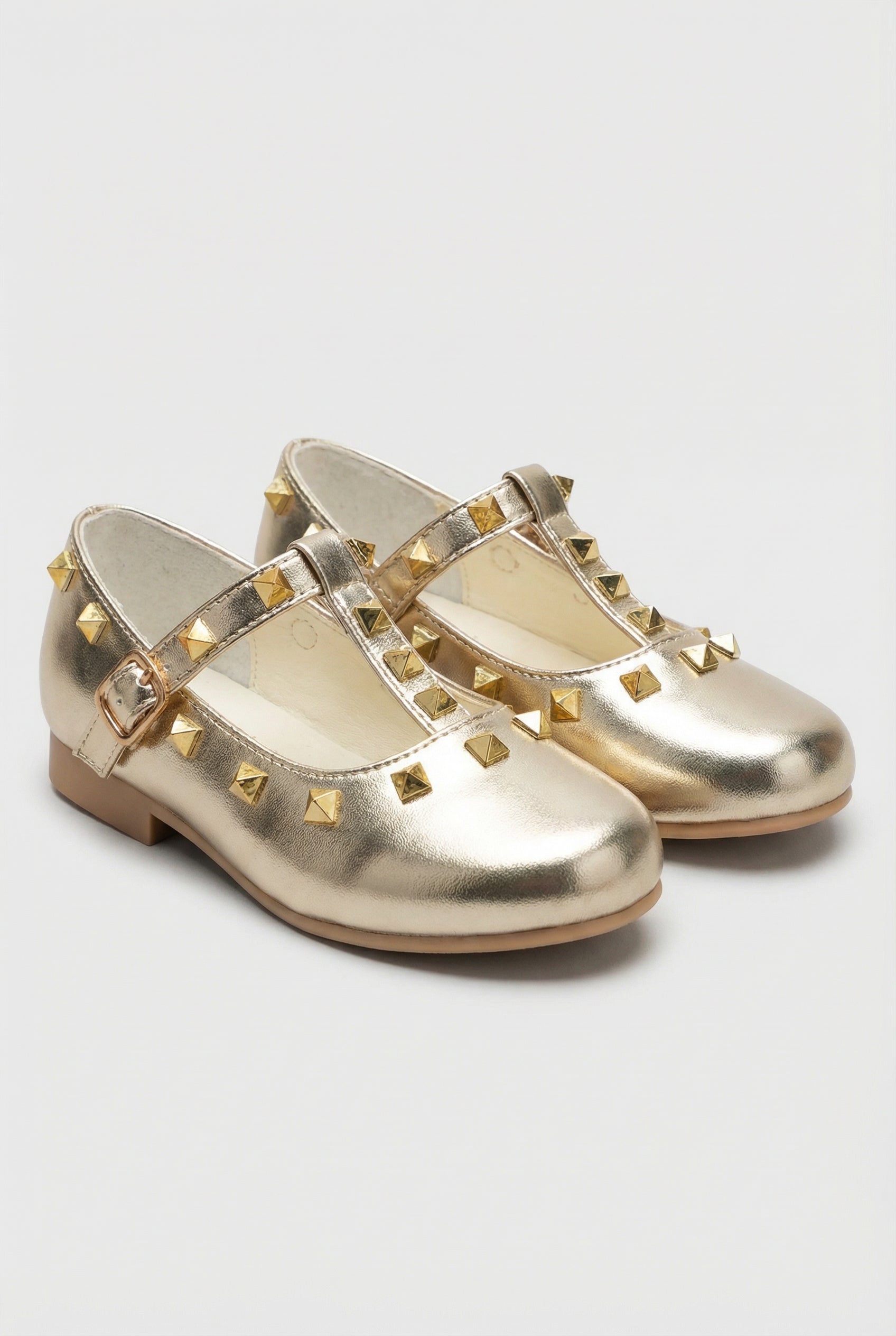 Babies & Girls Metallic Studded Mary Jane Flat Shoes - Vali - Gold Pair Side Picture