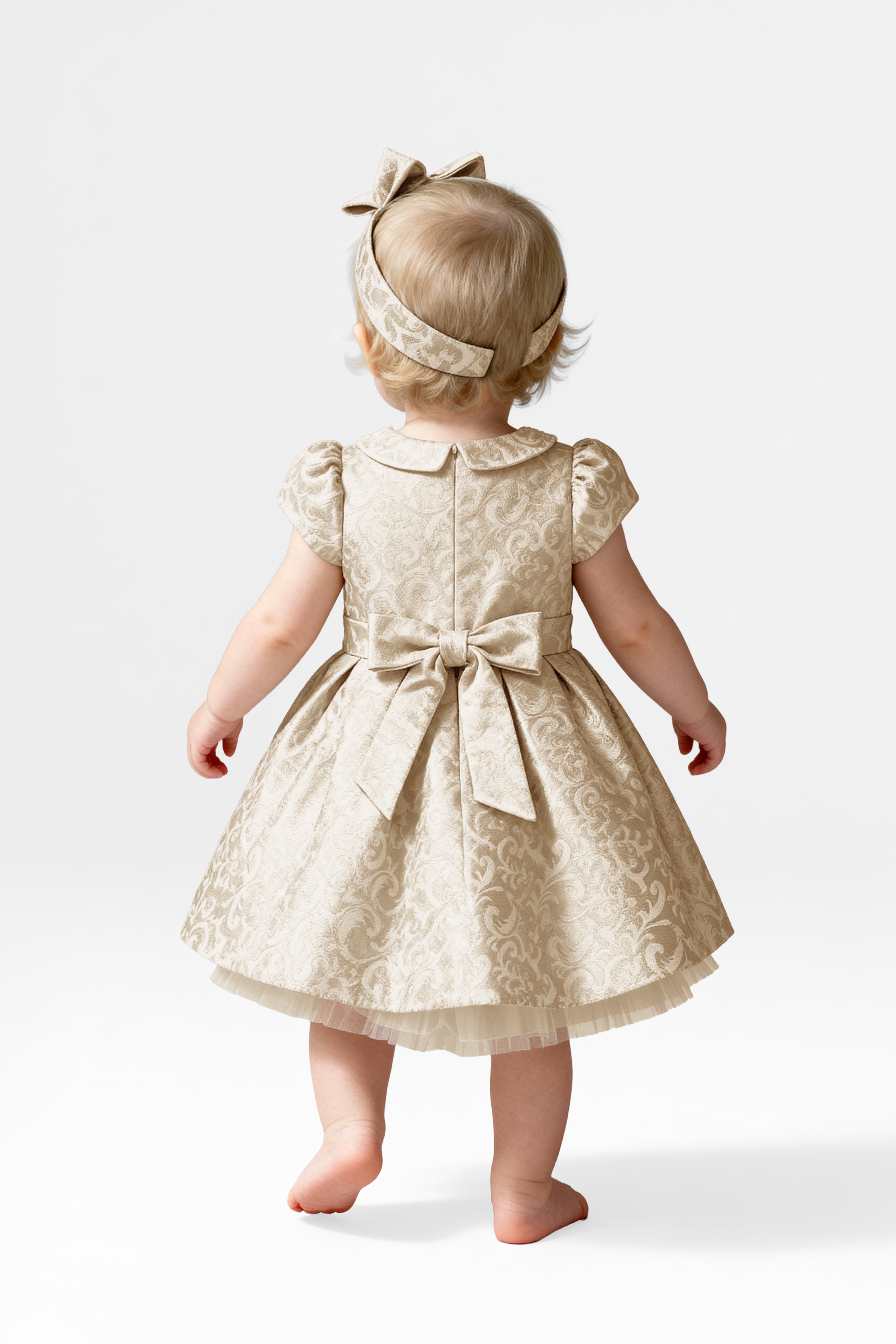 Babies & Girls Peter Pan Collar Brocade Dress - Gold Back Picture