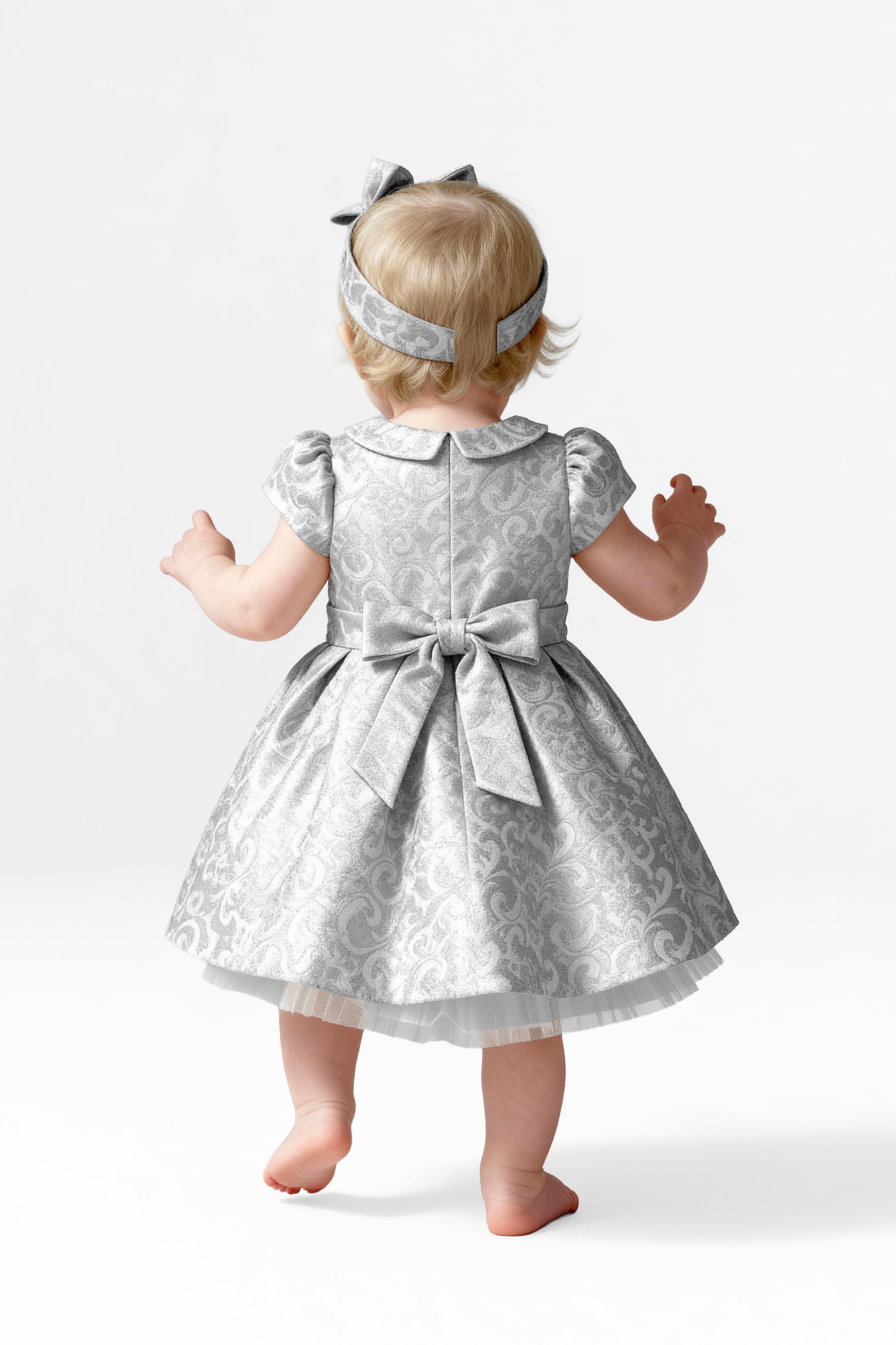 Babies & Girls Peter Pan Collar Brocade Dress - Silver Back Picture