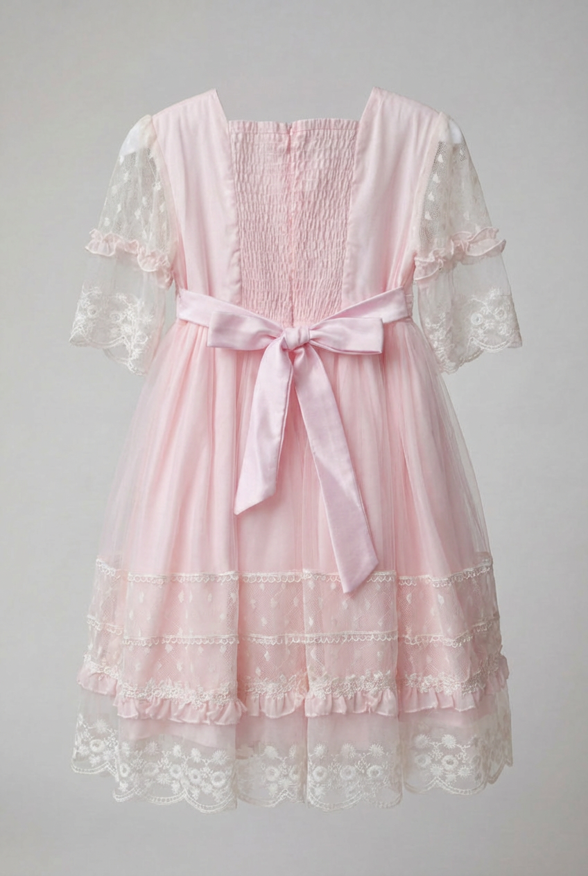 Babies & Girls Pink Lace Trim Dress with Sheer Embroidered Sleeves Back picture