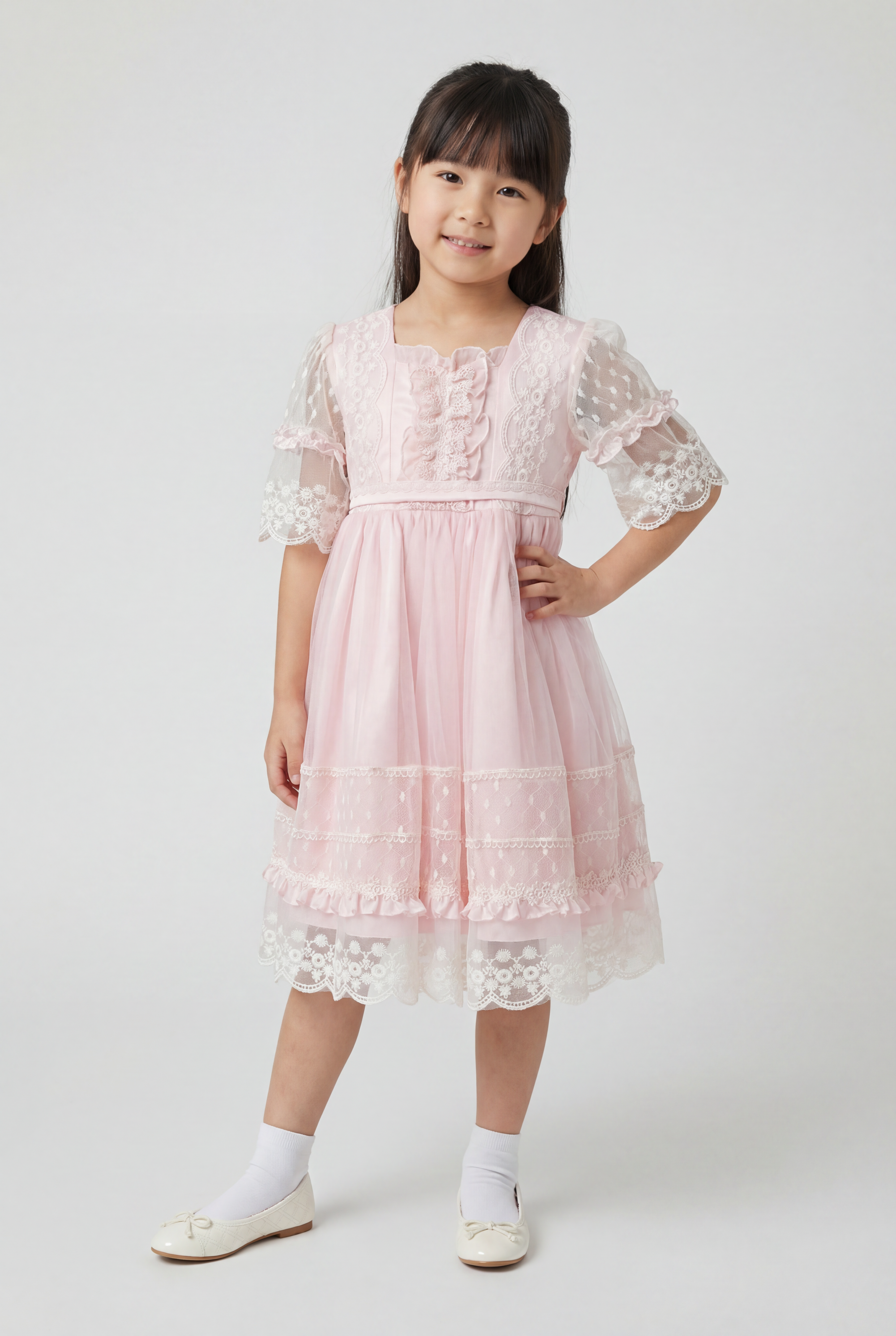 Babies & Girls Pink Lace Trim Dress with Sheer Embroidered Sleeves Modle Picture