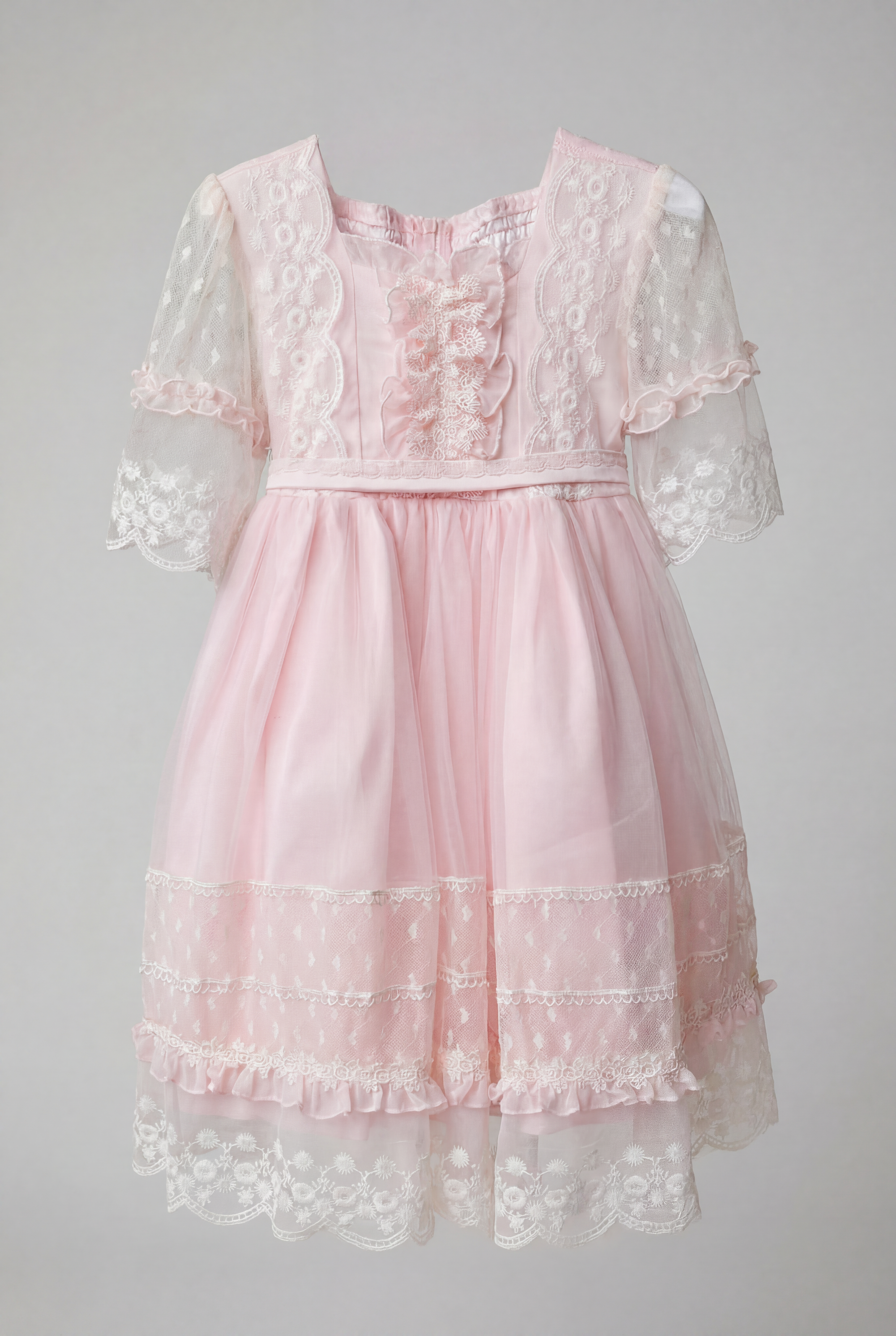 Babies & Girls Pink Lace Trim Dress with Sheer Embroidered Sleeves Front Picture