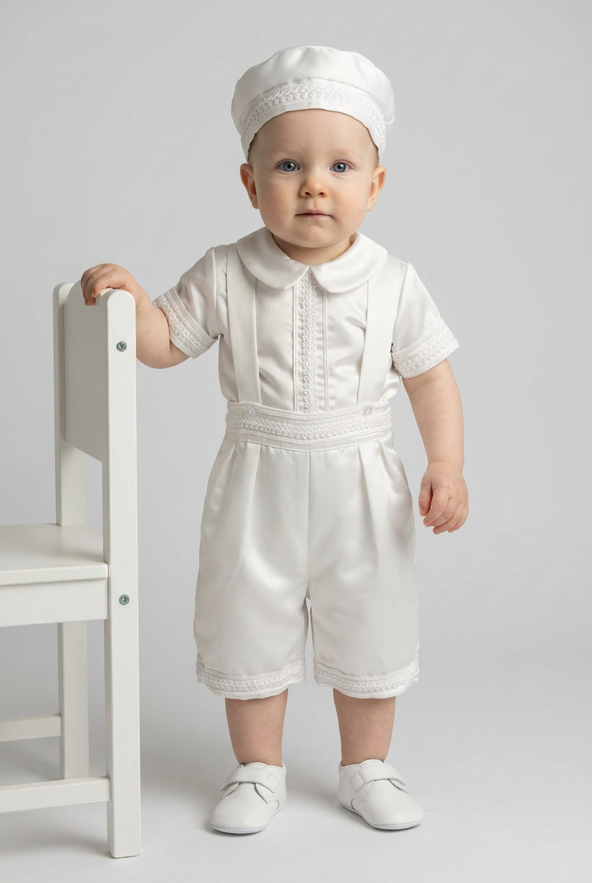 Set Battesimale per Bambino di 3 Pezzi con Cappellino - Bianco Sporco