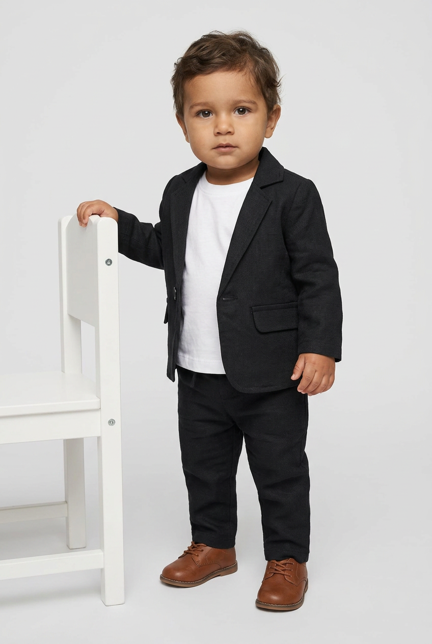 Completo Slim Fit Testurizzato 3 Pezzi per Bambini con T-Shirt – BASAK - Nero