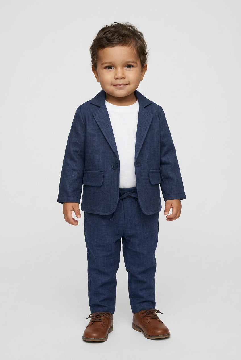 Completo Slim Fit Testurizzato 3 Pezzi per Bambini Maschi con T-Shirt – BASAK - Navy