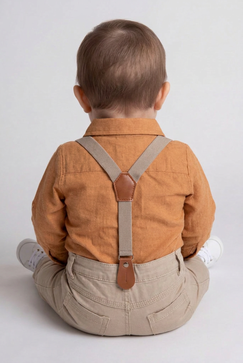 Baby Boys 4-Piece Cotton Gentleman Outfit Set - Cinnamon & Beige Model Back Picture