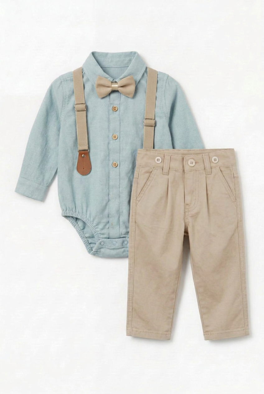 Baby Boys 4-Piece Cotton Gentleman Outfit Set - Green & Beige Picture