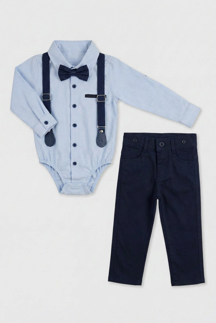 Baby Boys 4-Piece Cotton Gentleman Outfit Set - Light Blue & Navy Blue