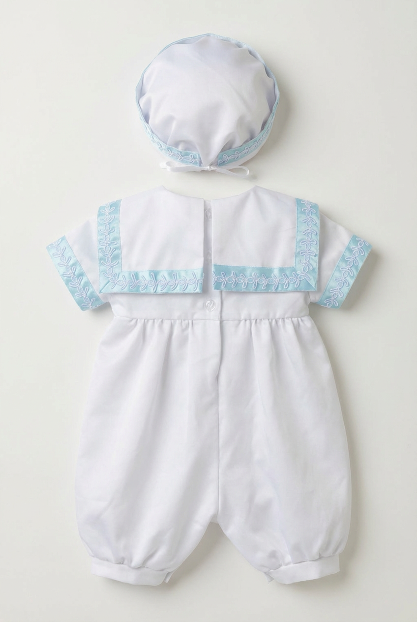 Taufanzug-Set für Babyjungen mit Matrosenkragen und passendem Hut - Blau