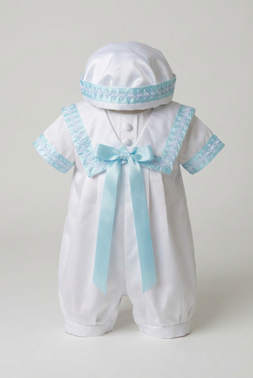Taufanzug-Set für Babyjungen mit Matrosenkragen und passendem Hut - Blau