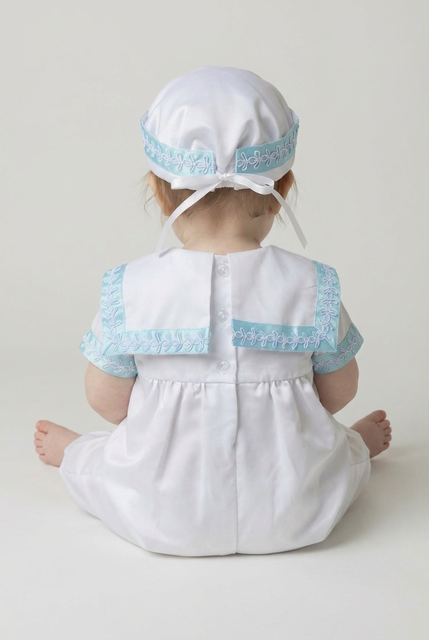 Baby Boys Christening Outfit Set with Sailor Collar & Matching Hat - Blue