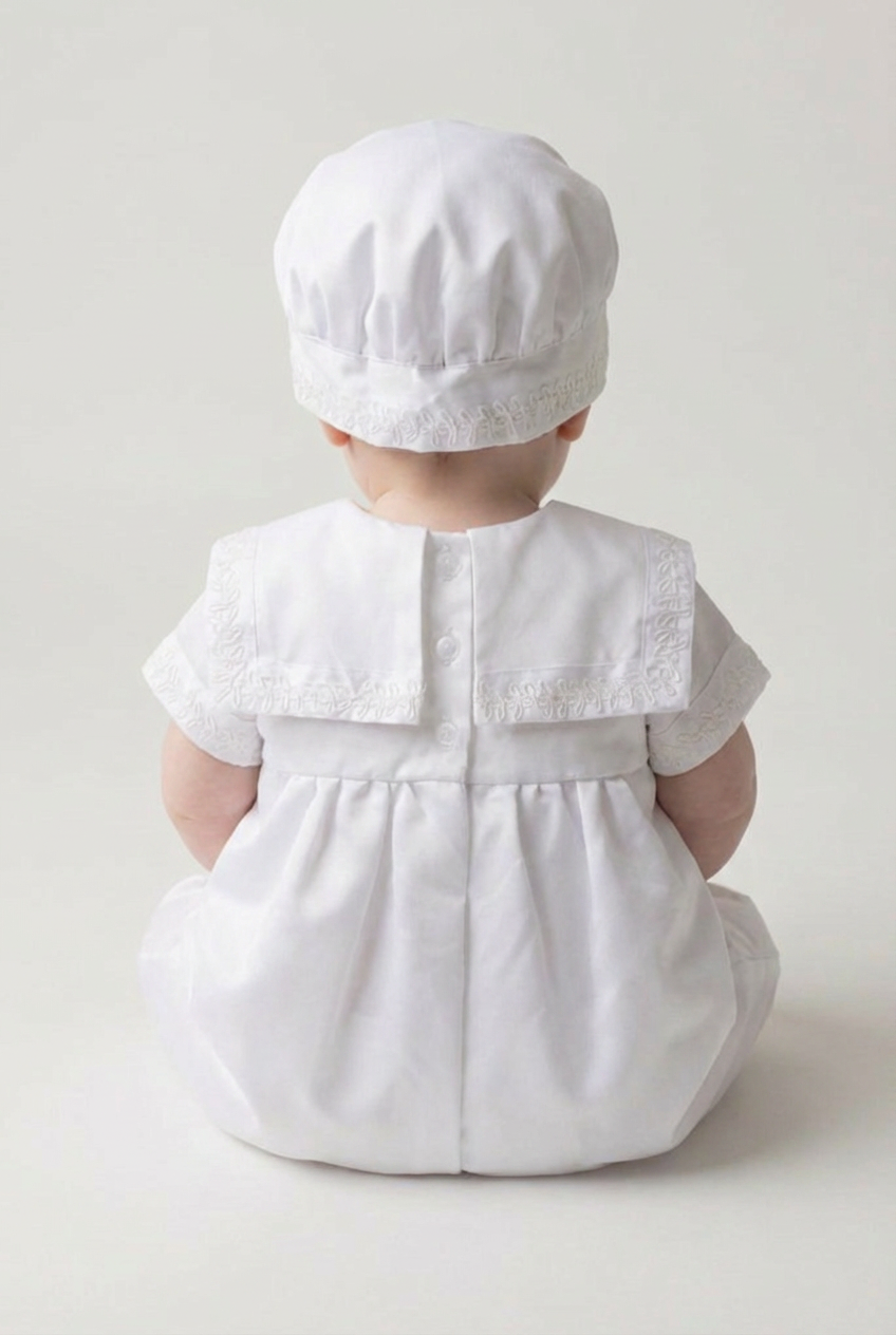 Baby Boys Christening Outfit Set with Sailor Collar & Matching Hat - White