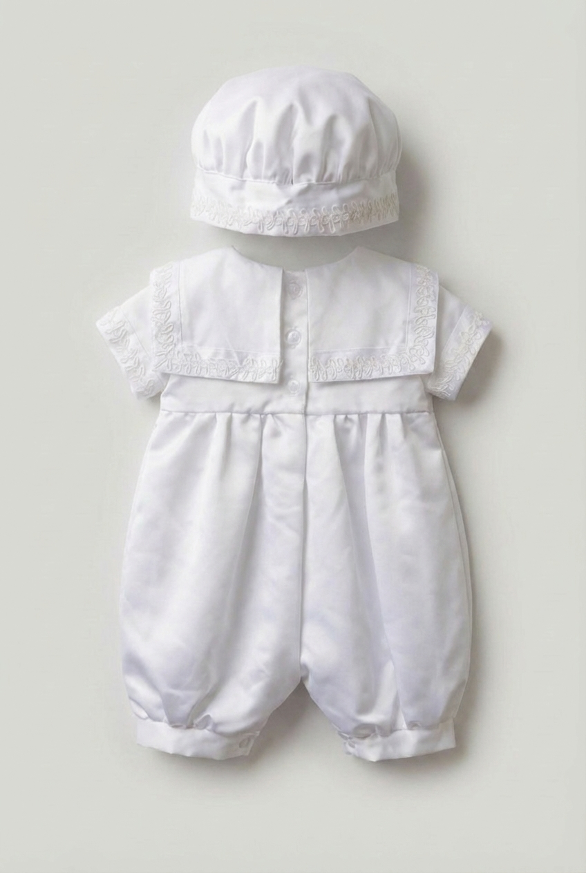 Taufanzug-Set für Babyjungen mit Matrosenkragen und passendem Hut – Weiß