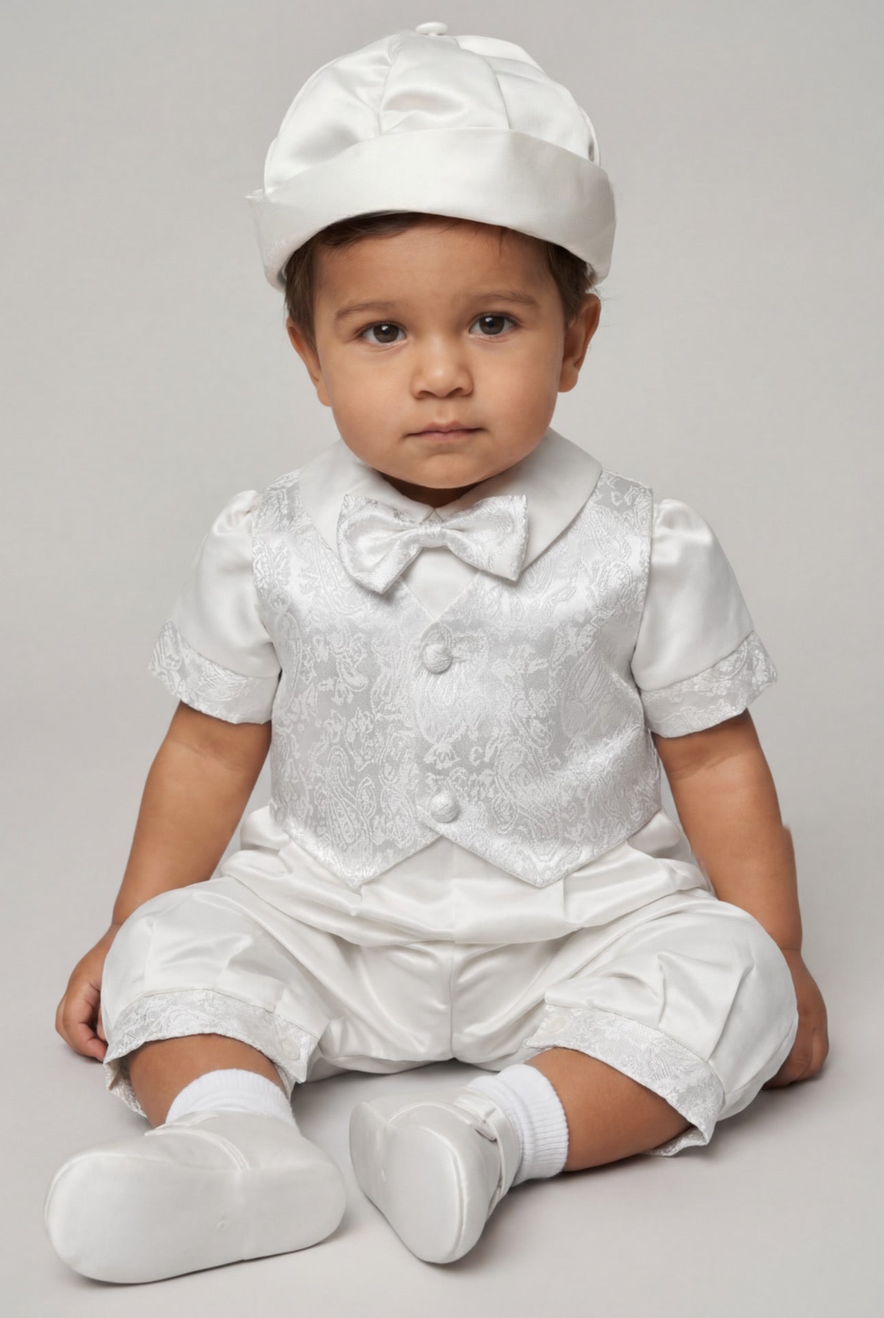 Baby Boys Ivory Christening Romper Set with Jacquard Waistcoat & Hat