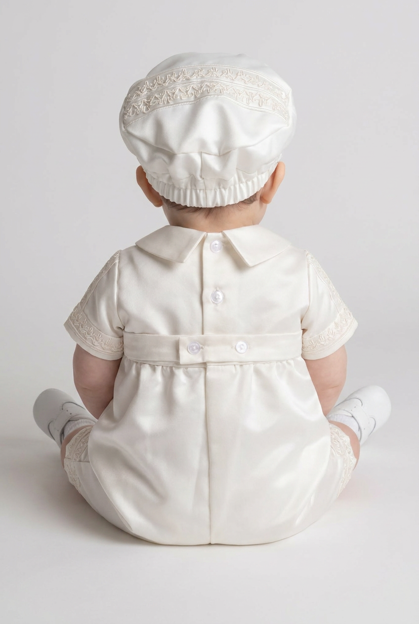 Baby Boys Ivory Christening Satin Romper Set & Matching Hat