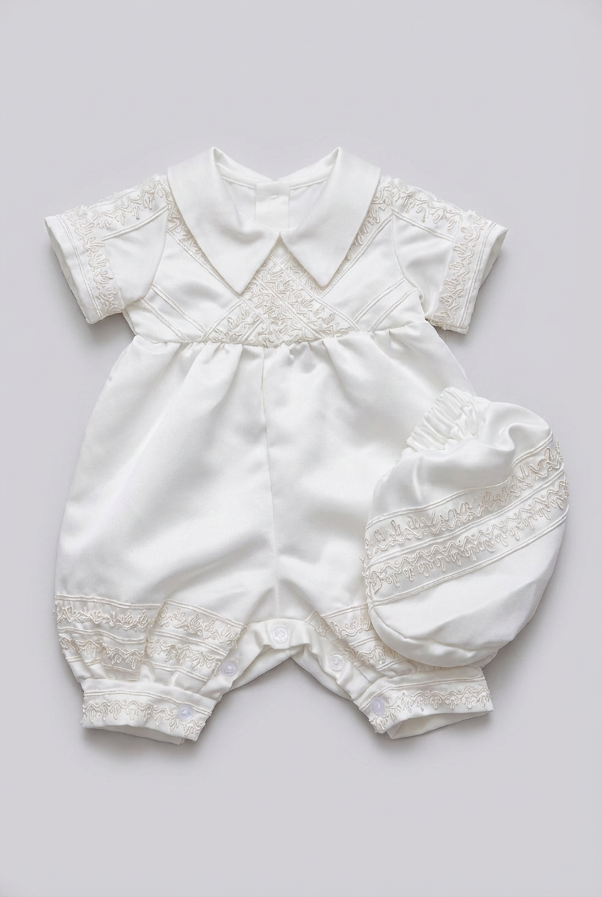 Baby Jungen Elfenbein Tauf-Satin-Strampler-Set & passender Hut