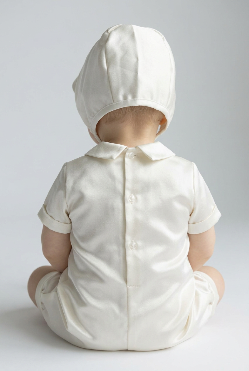 Baby Boys Ivory Satin Christening Romper & Matching Bonnet Set