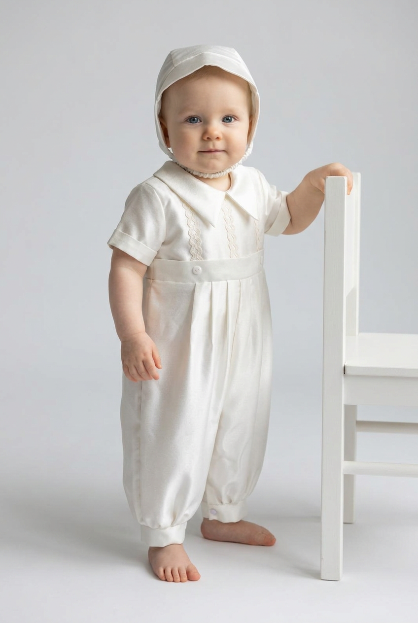 Baby Boys Ivory Satin Long-Leg Christening Romper & Matching Bonnet Set