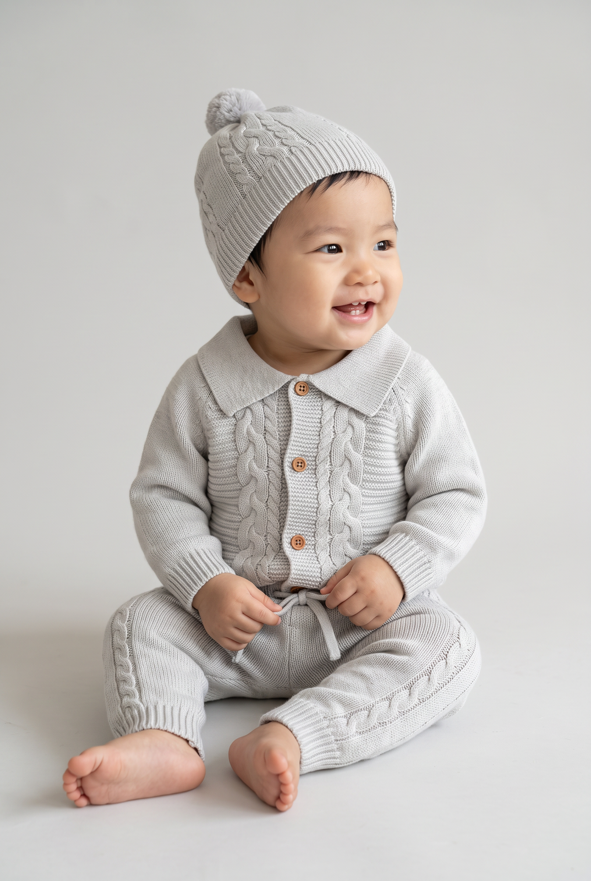Baby Boys Knitted Cardigan Joggers & Hat 3-Piece Set - 26035 Grey Model Picture