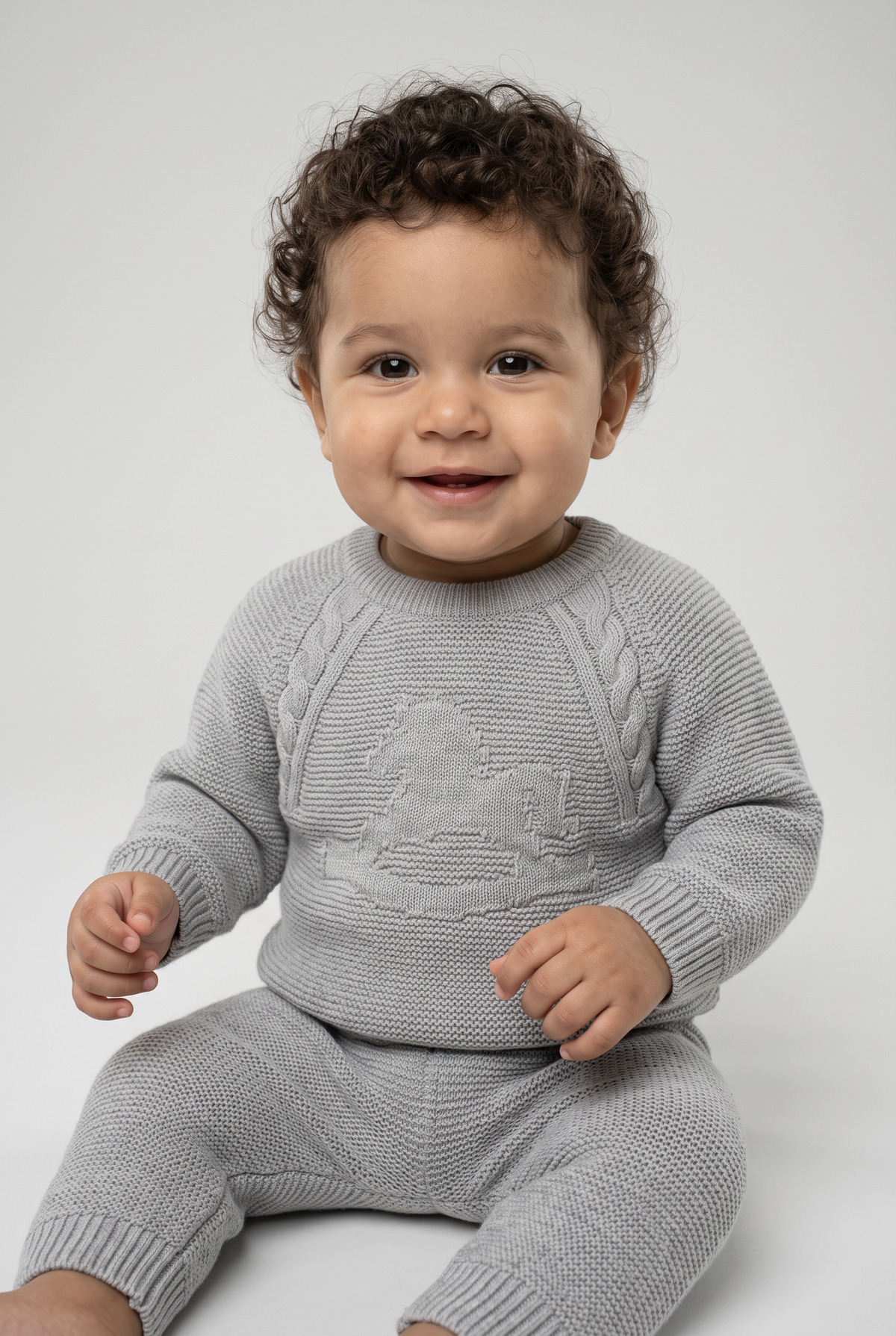 Ensemble 2 pièces pour bébé garçon, pull en maille à motif cheval à bascule et pantalon de jogging - 26010 Gris