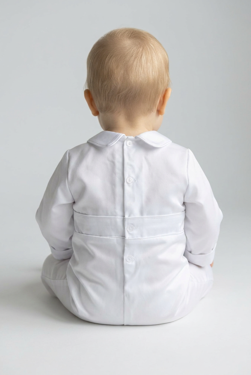 Baby Boys White Embroidered Christening Romper & Matching Bonnet Set
