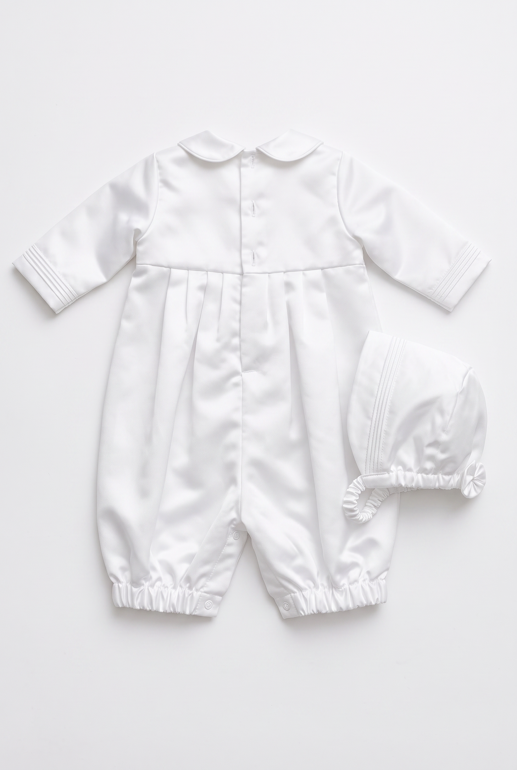 Conjunto de pelele de bautizo de satén Blanco para bebé niño con gorrito a juego