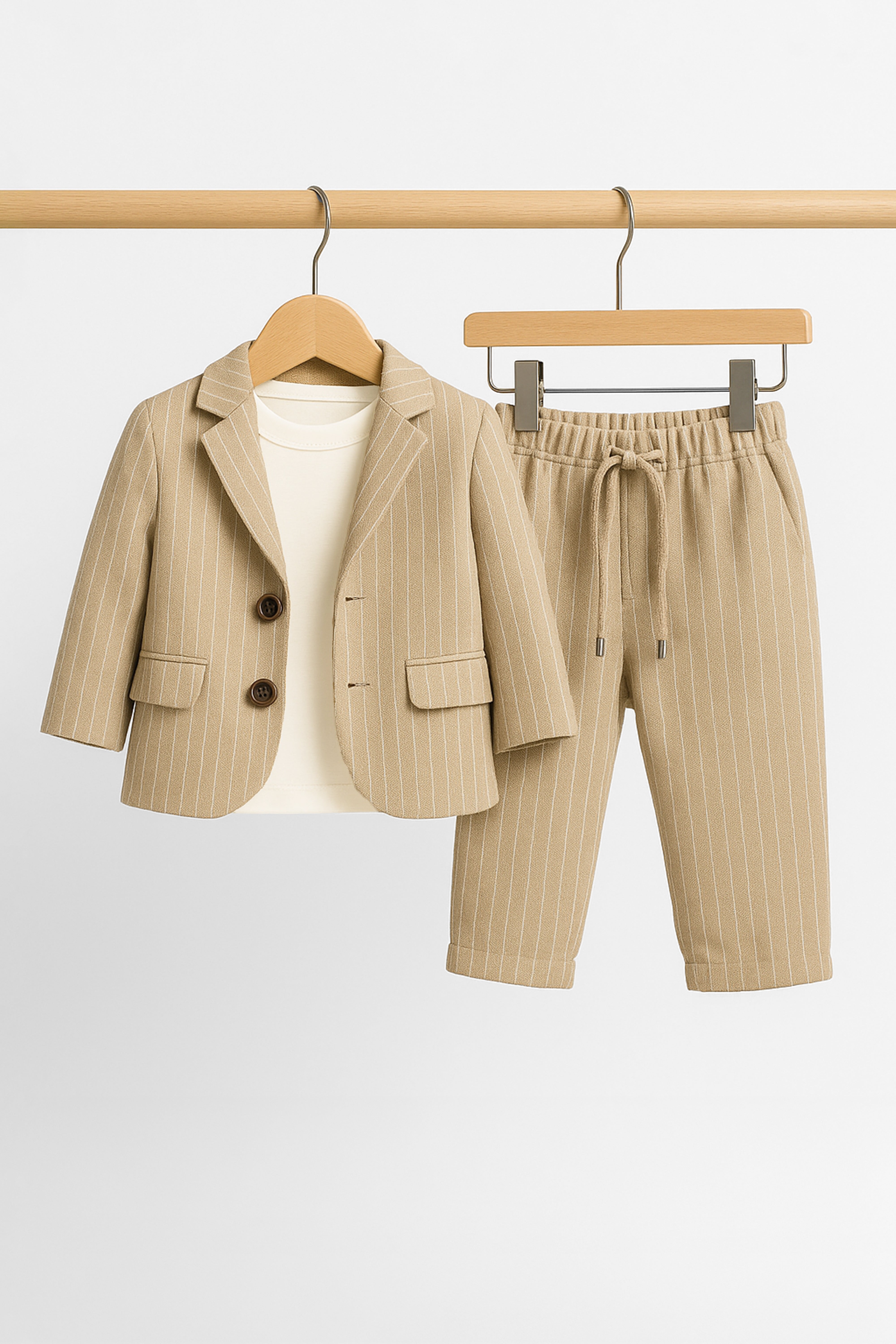 3-teiliger Nadelstreifenanzug aus Baumwolle und Leinen für Baby-Jungen - SALAS - Beige