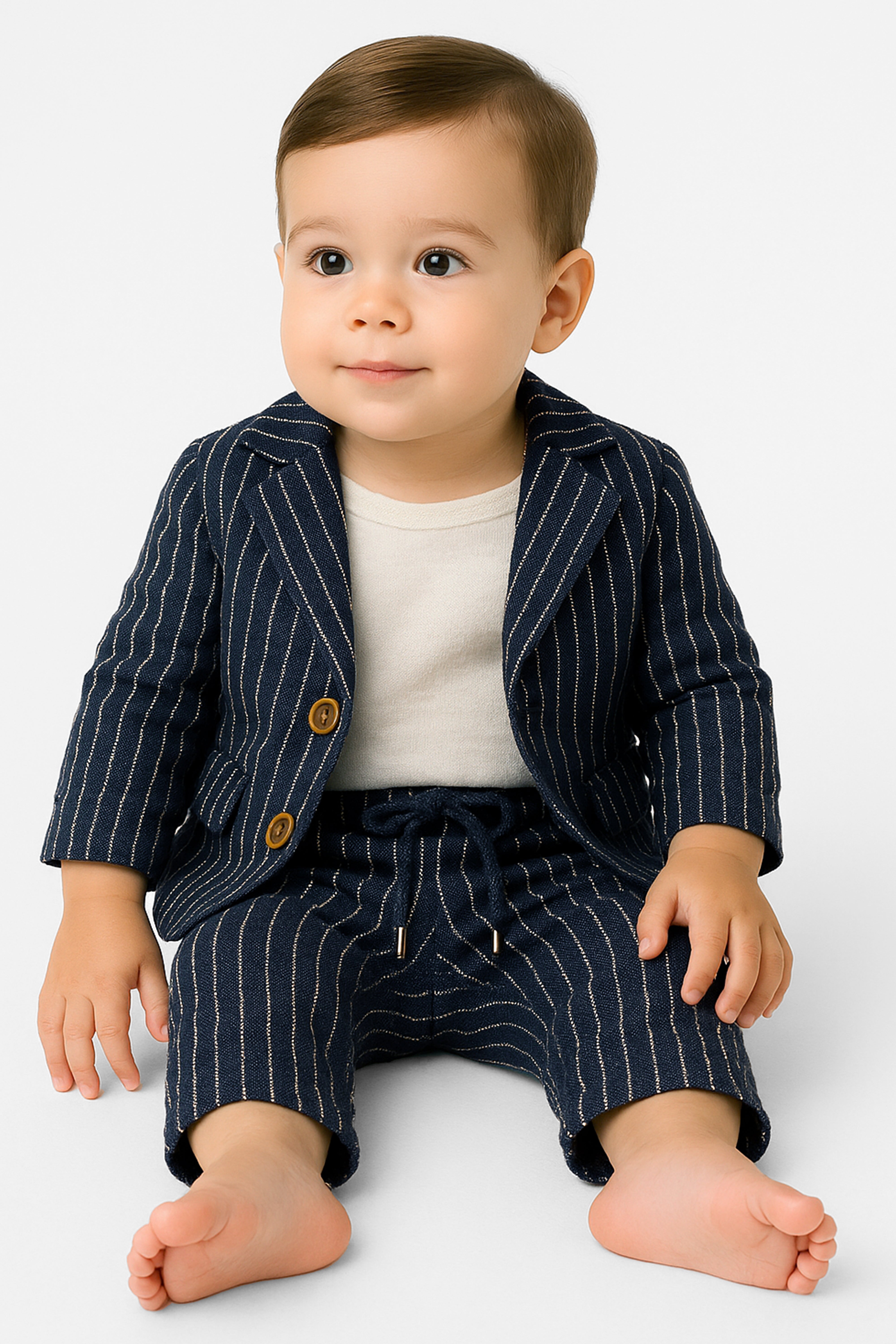 Baby Boys’ Cotton-Linen 3-Piece Pinstripe Suit - SALAS - Navy Model Picture